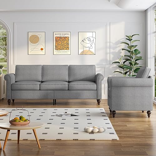 Miniatura 6 de Mjkone Juego de sofá de sala de estar, 2 piezas, sofá seccional, juego de sofá y silla, sofá moderno de lino con marco de madera y formas de