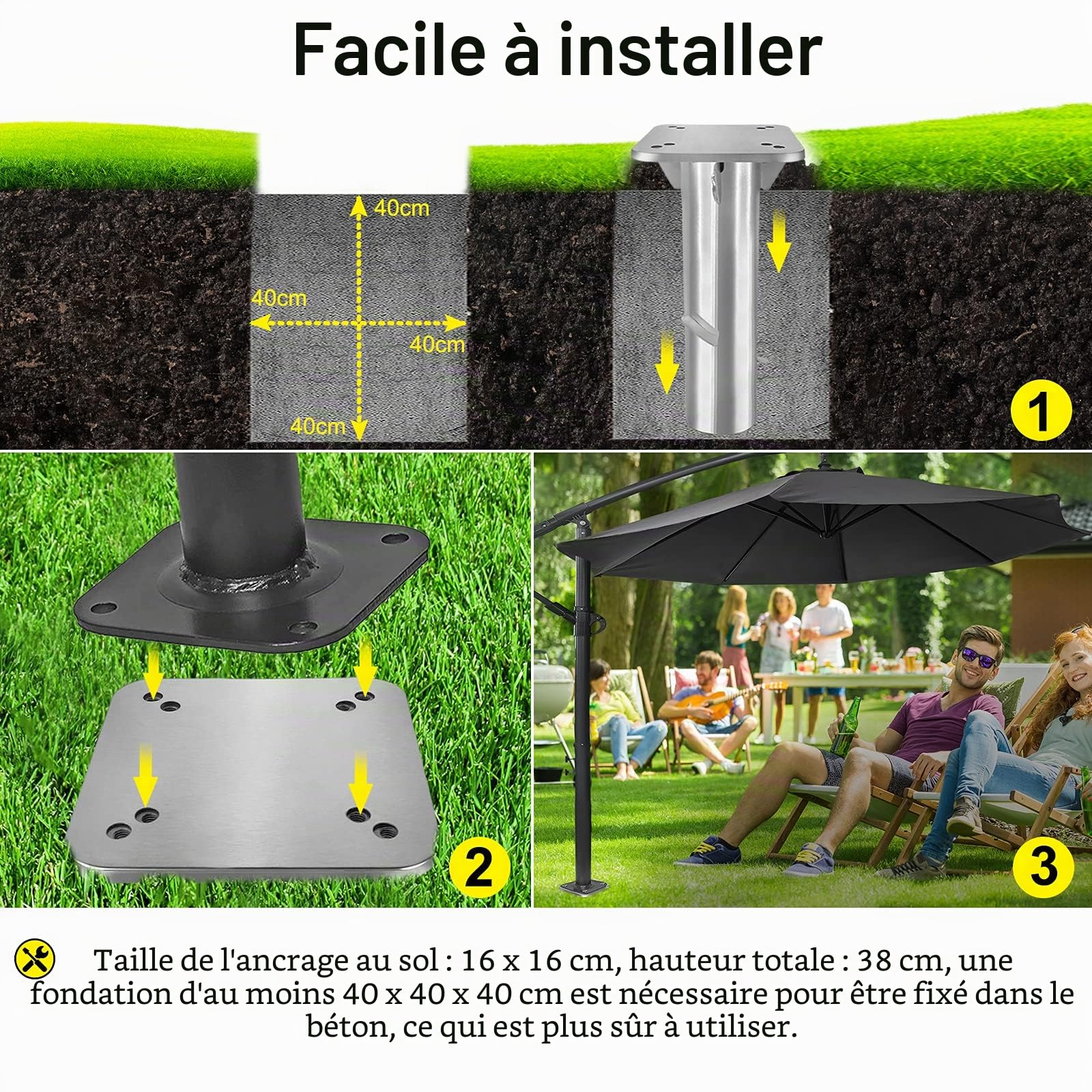 LARS360 Lot de 2 douilles de sol universelles en métal avec plaque de base pour parasols