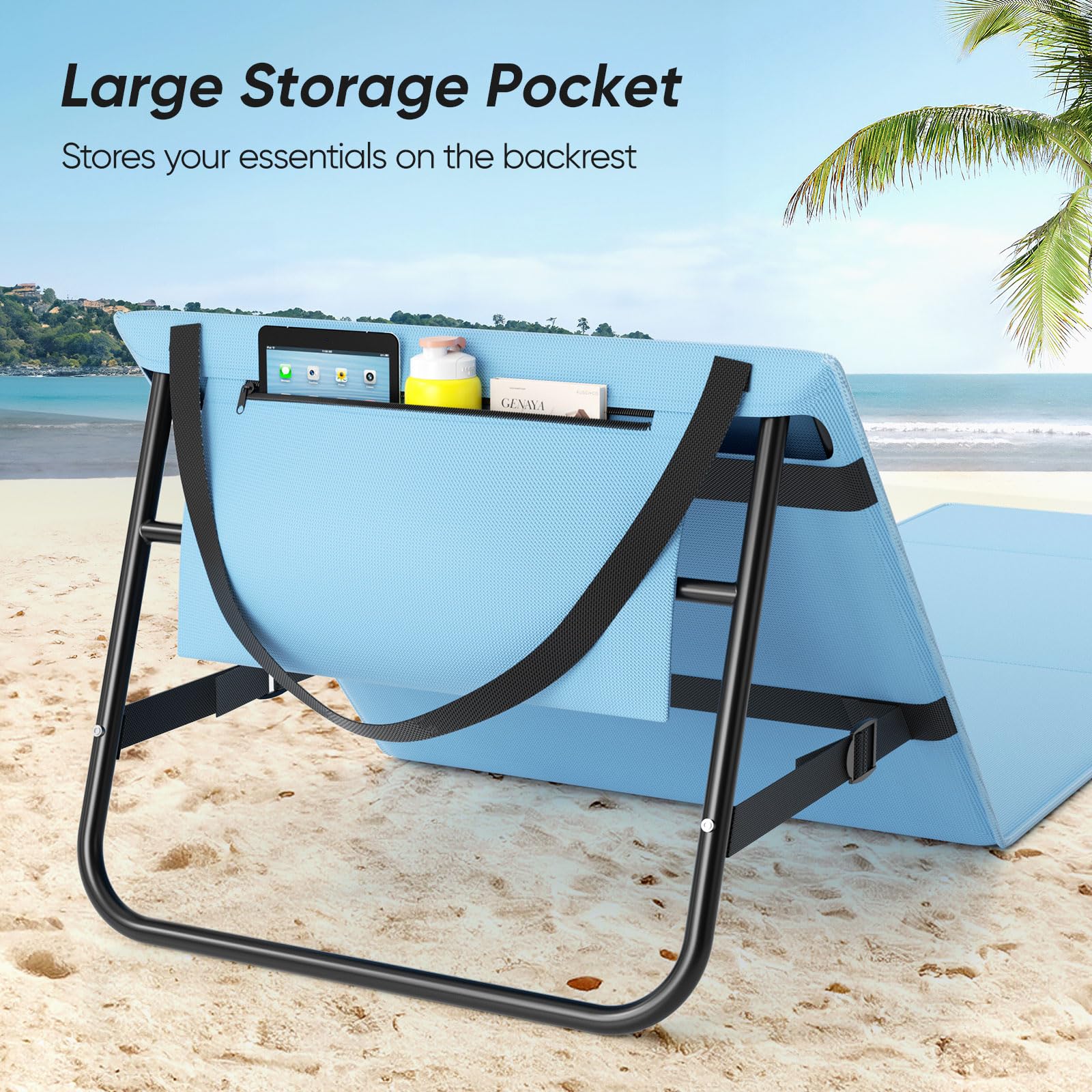 WildFun Chaise de Plage Portable, Chaise de Plage Pliante，Adjustable Lightweight Tanning Chair for Outdoor Sand Camping Sunbathing (1pcs, Bleu et Blanc)