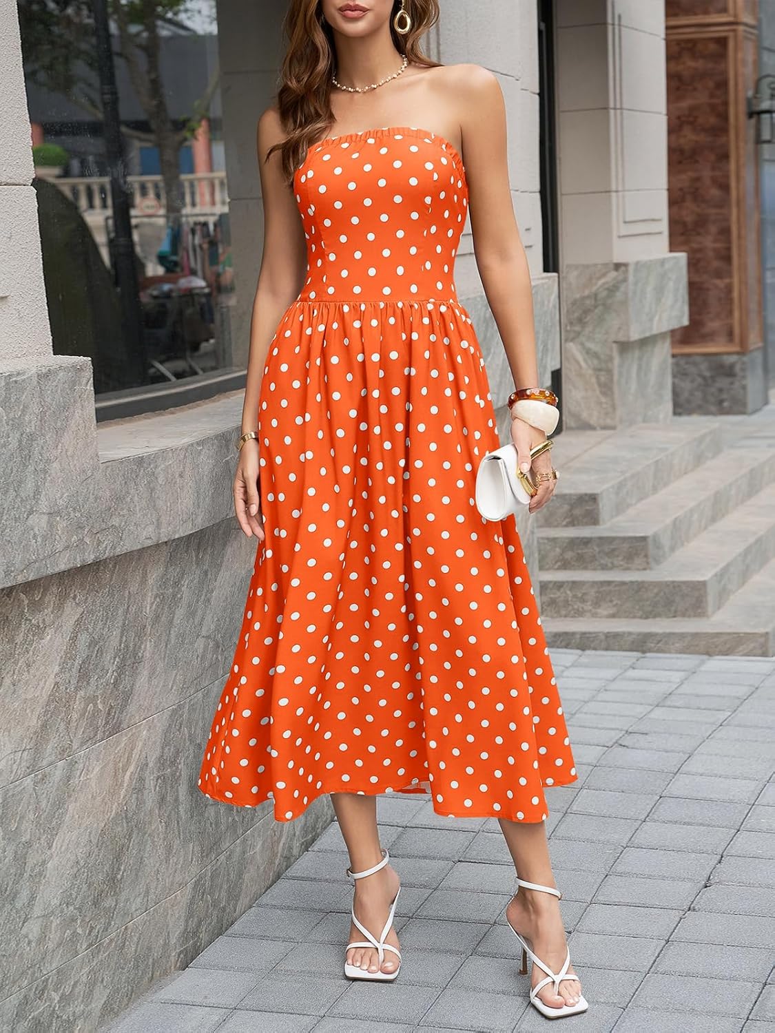 Wenrine Womens Polka Dot Strapless Dress Summer Smocked Tube Top Casual Sleeveless Swing Flowy Maxi Dresses with Pockets - Image 4