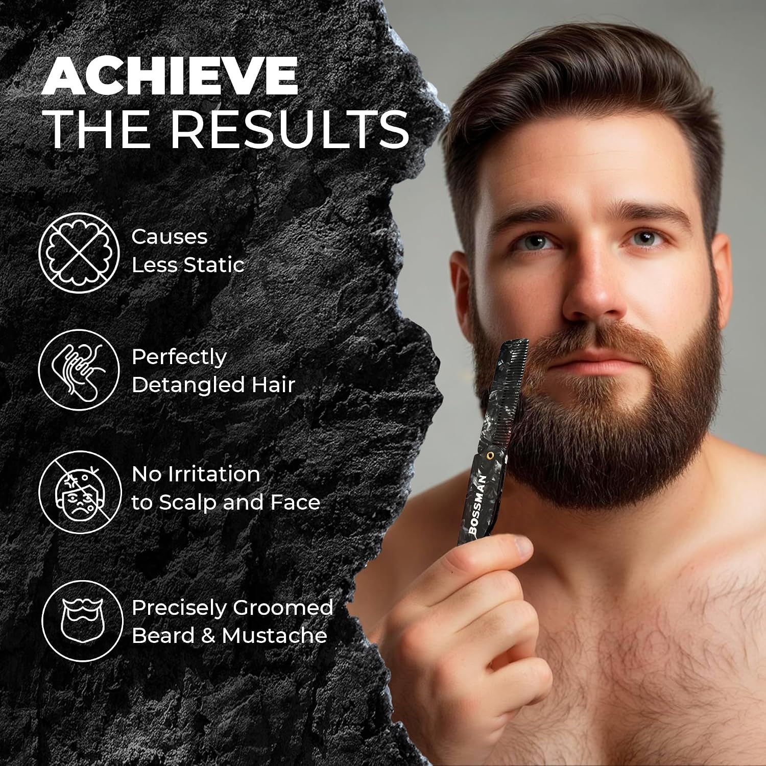 Bossman MUDstache Mustache Wax for Men + Acetate Folding Mustache & Beard Comb – Unscented Styling and Grooming Kit