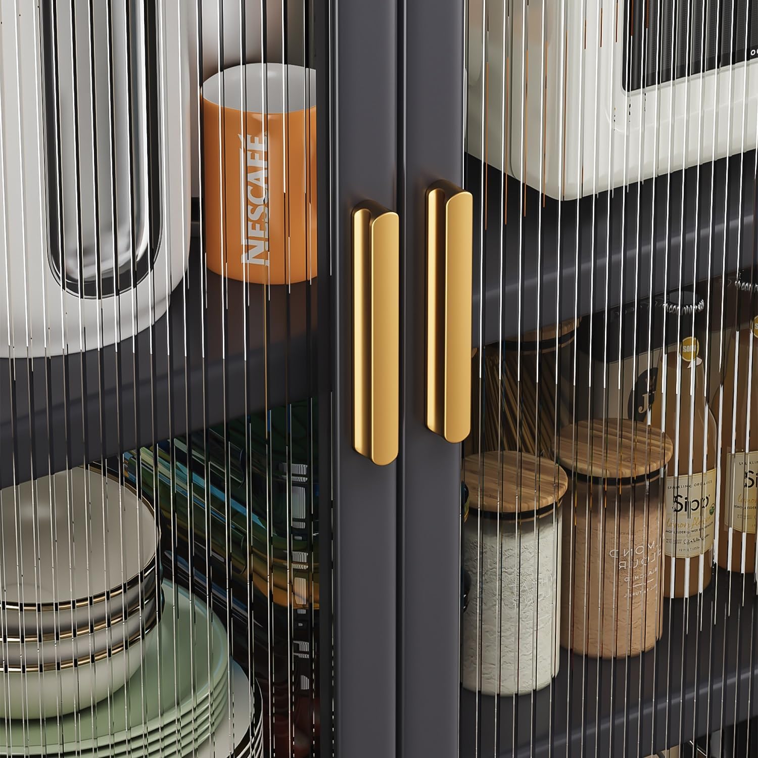 65“ Kitchen Pantry Cabinet with Glass Doors and Removable Wheels,Freestanding Food Pantry Cabinet with 4 Adjustable Shelves for Home Kitchen Dining Room Living Room (Black, Tall)