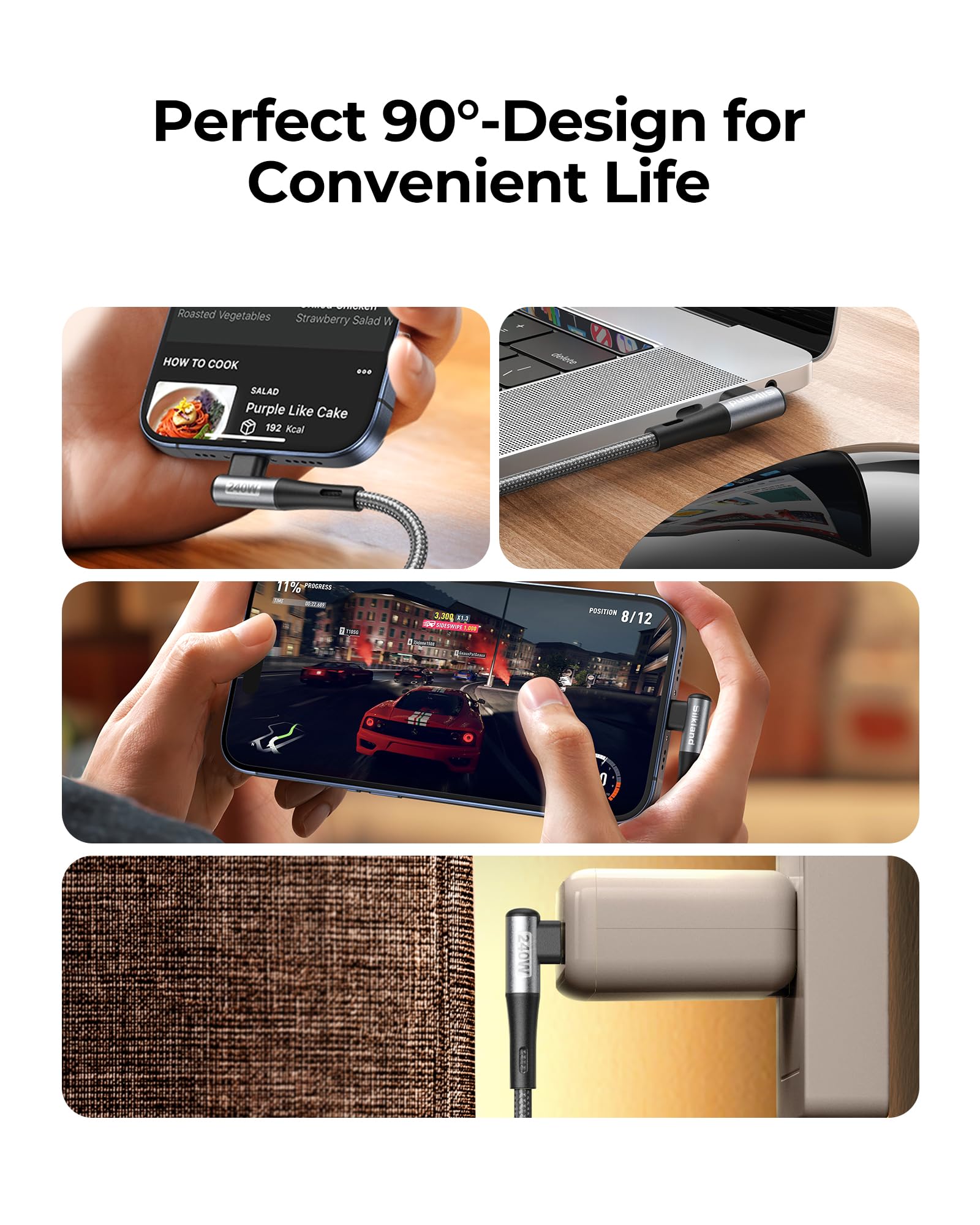 Silkland Cavo USB C USB C Corto 50CM [240W 48V/5A], PD3.1&QC4.0+ Cavo USB Type-C Ricarica Rapida 90 Gradi per Android Auto, iPhone 16 15, Samsung S24 Ultra S23, MacBook Pro/Air, iPad Pro/Mini, Pixel