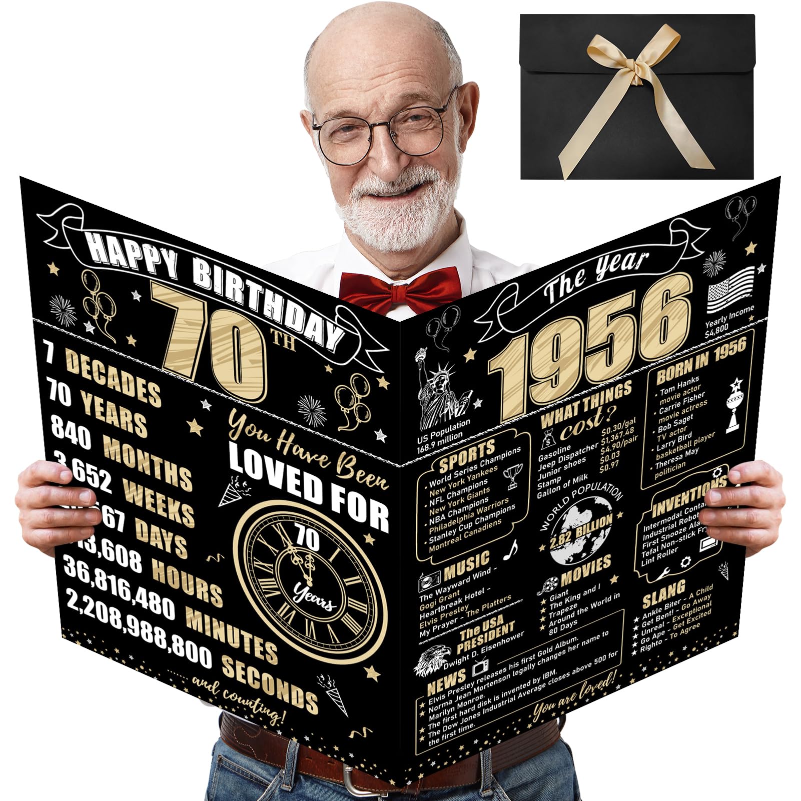Large 70th Birthday Card With Envelope for Men Women, 1955 Black Gold Happy 70th Birthday Giant Guest Signature Book Gifts, Big Vintage 1955 70th Greeting Card Decoration Party Supplies