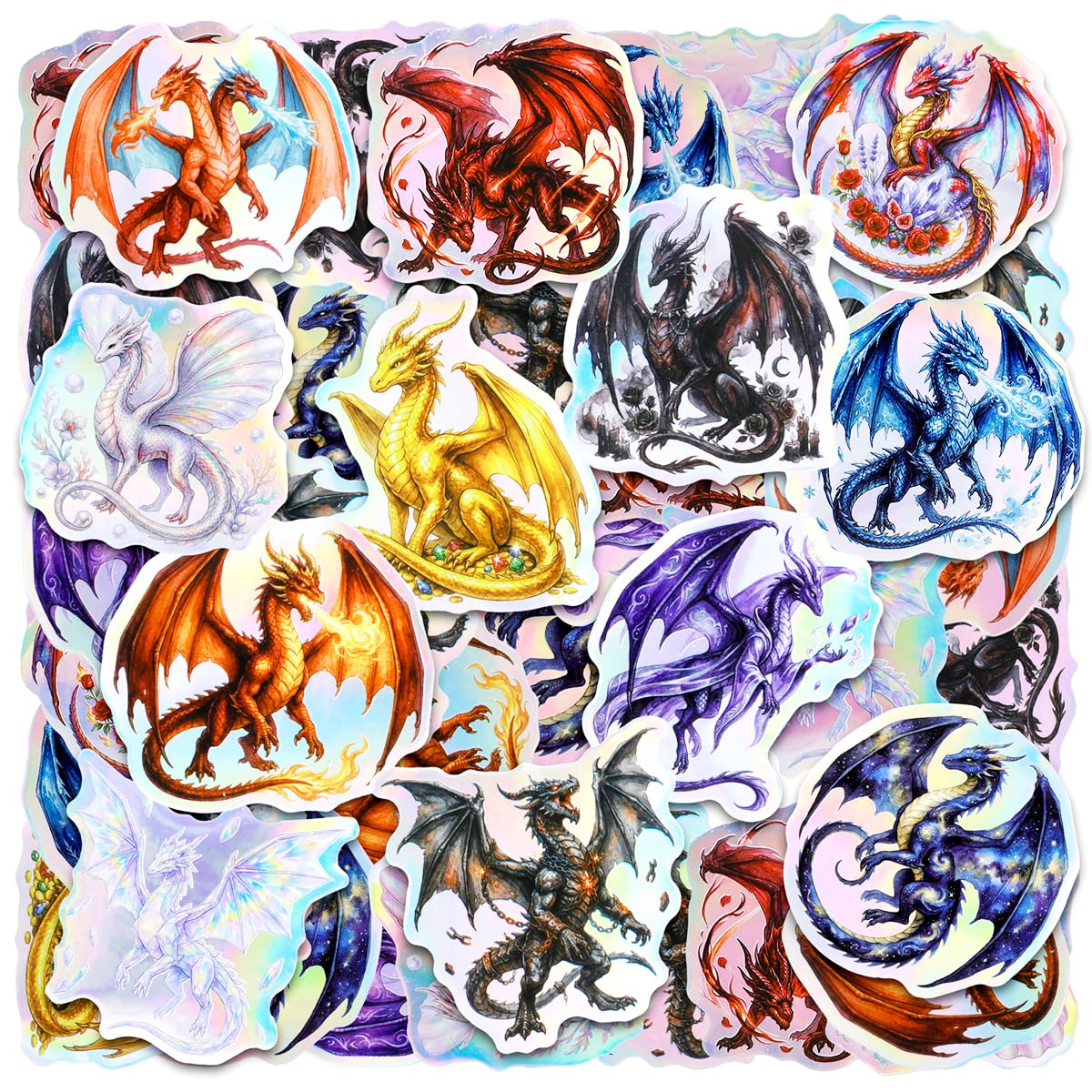 Photo 1 of 100 Pcs Dragon Holographic Waterproof Vinyl Stickers for Water Bottle, Dragon Party Favors for Kids