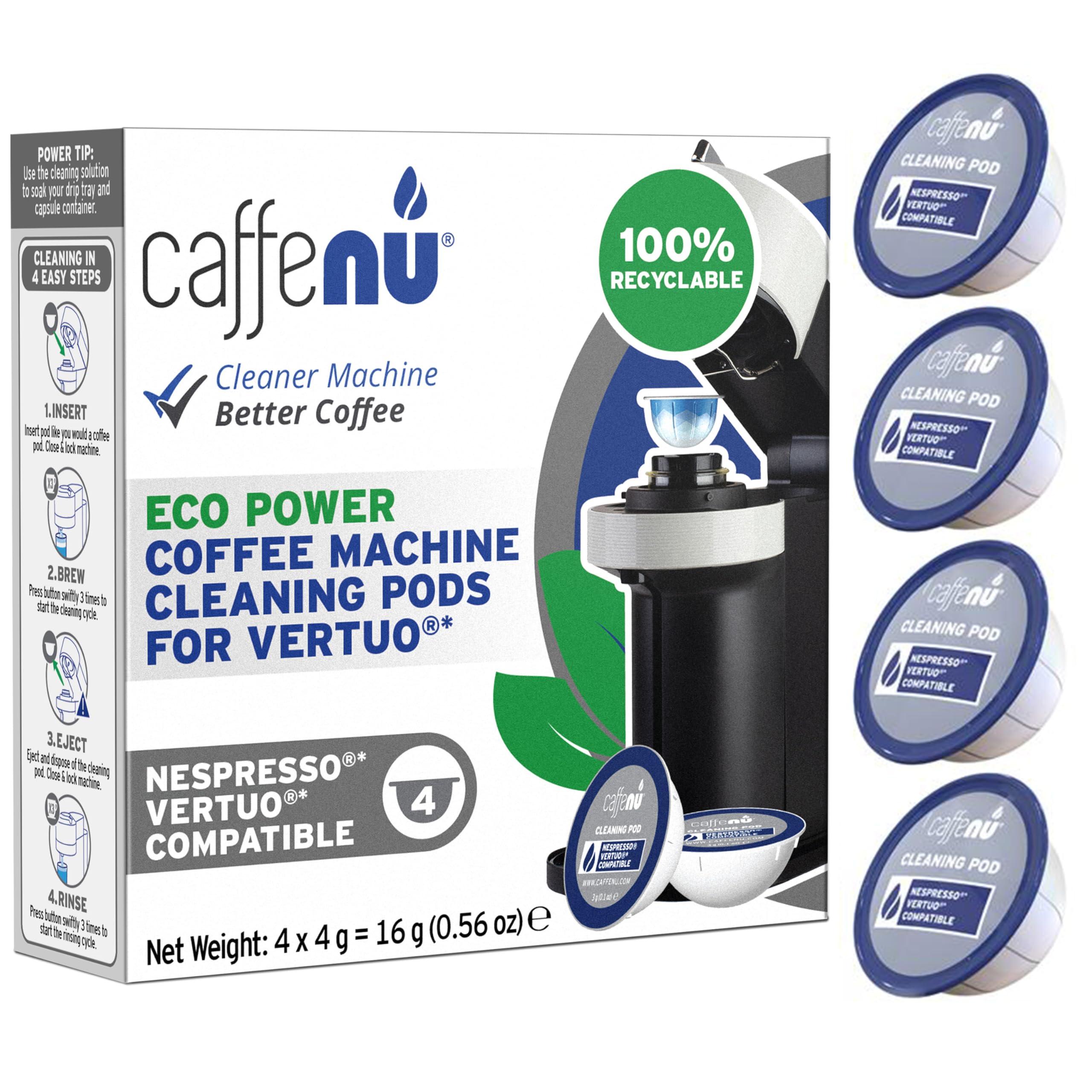 – Caffenu Cleaning Pods Compatible with Nespresso Vertuo. 4 Cleaner Capsules. For Improved Coffee Flavor and Crisp Coffee. Use with Descaling Kit