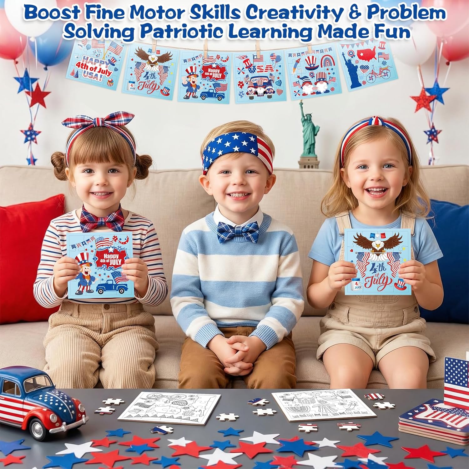 Fennoral 24 Pack 4th of July Craft Kit for Kids Color You Own Patriotic Jigsaw Puzzle DIY Coloring Independence Day Art and Craft for Classroom Activity Party Favor Supplies