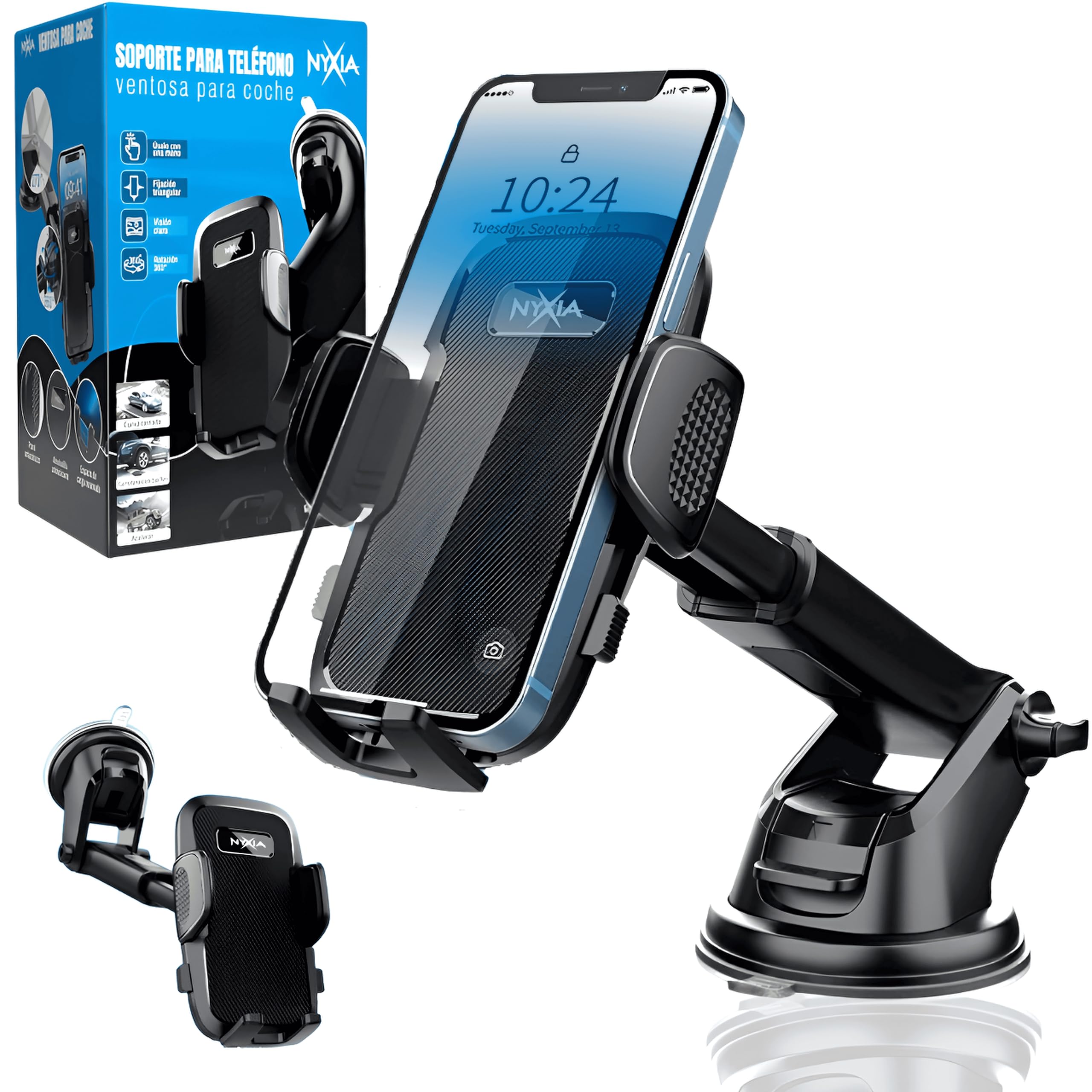Nyxia® Soporte Movil Coche | Soporte Telefono Coche Universal | Potente Ventosa | Salpicadero/Parabrisas | Rotacion 360º | Compatible con Teléfono Móvil de 4” a 7”
