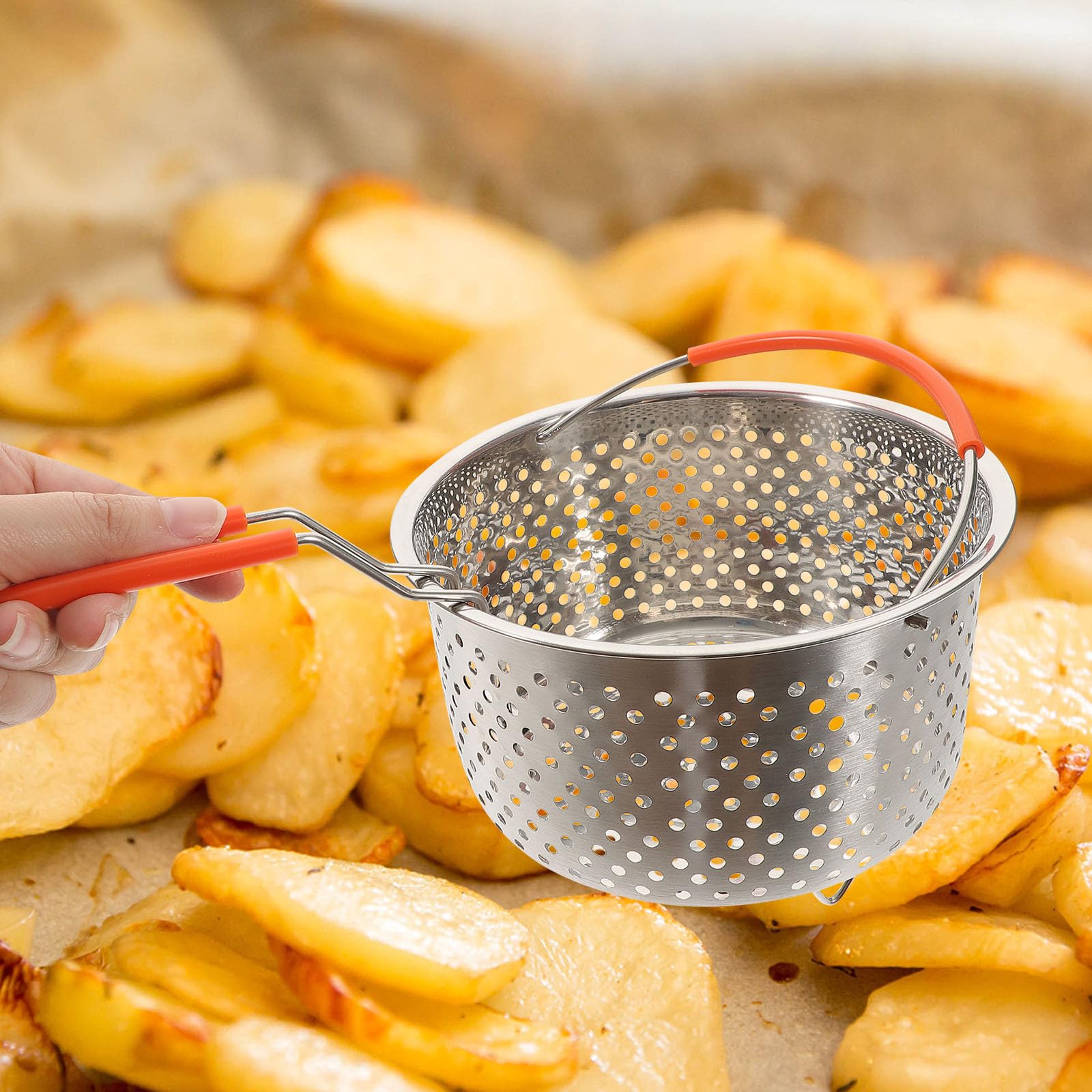 Cestello per Friggere in Acciaio Inox 304 20 Cm Doppia Maniglia, Colino per Pesce e Pasta, Accessorio da Cucina Resistente al Calore per Cottura a Vapore e Frittura,