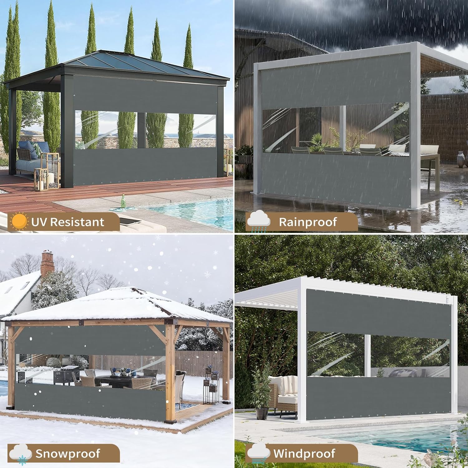 Upgraded Clear Vinyl Outdoor Curtains for Patio Waterproof, Clear Vinyl Patio Enclosure, Heavy Duty Tarp with Grommets, Rope and Zip Ties for Porch, Pergola, Gazebo, Balcony(8'H x 12'W，Gray)