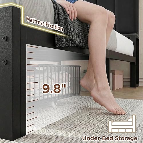 Miniatura 9 de Base de cama Queen con cabecera de almacenamiento, marco de cama negro tapizado tamaño Queen con cajones de almacenamiento y estación de carga, cama