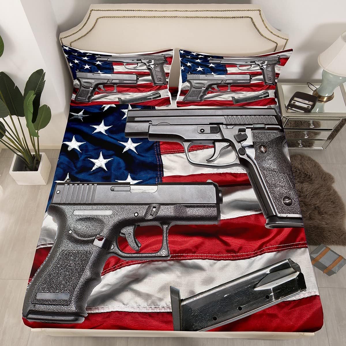 Gun Pattern Bed Sheet Set War Theme Fitted Sheet Army Rifle Machine Gun Bedding Sheet for Kids Adults Military Themed Comforter Cover Ultra Soft Room Decor Queen Size Multi 904 Queen