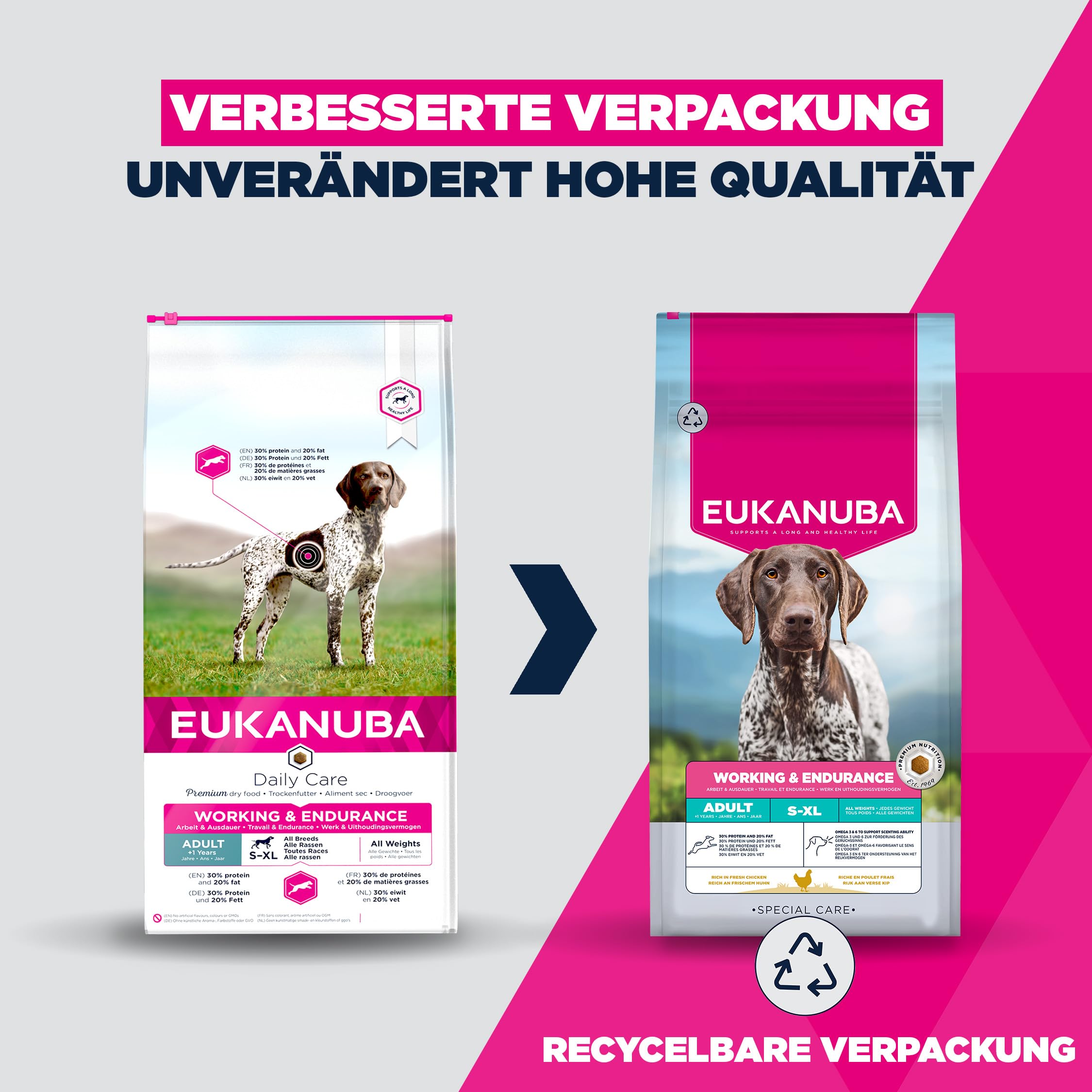 Eukanuba Working & Endurance Hundefutter mit frischem Huhn - Energiereiches Special Care Trockenfutter für Arbeitshunde, Jagdhunde sowie trächtige & säugende Hündinnen, 15 kg