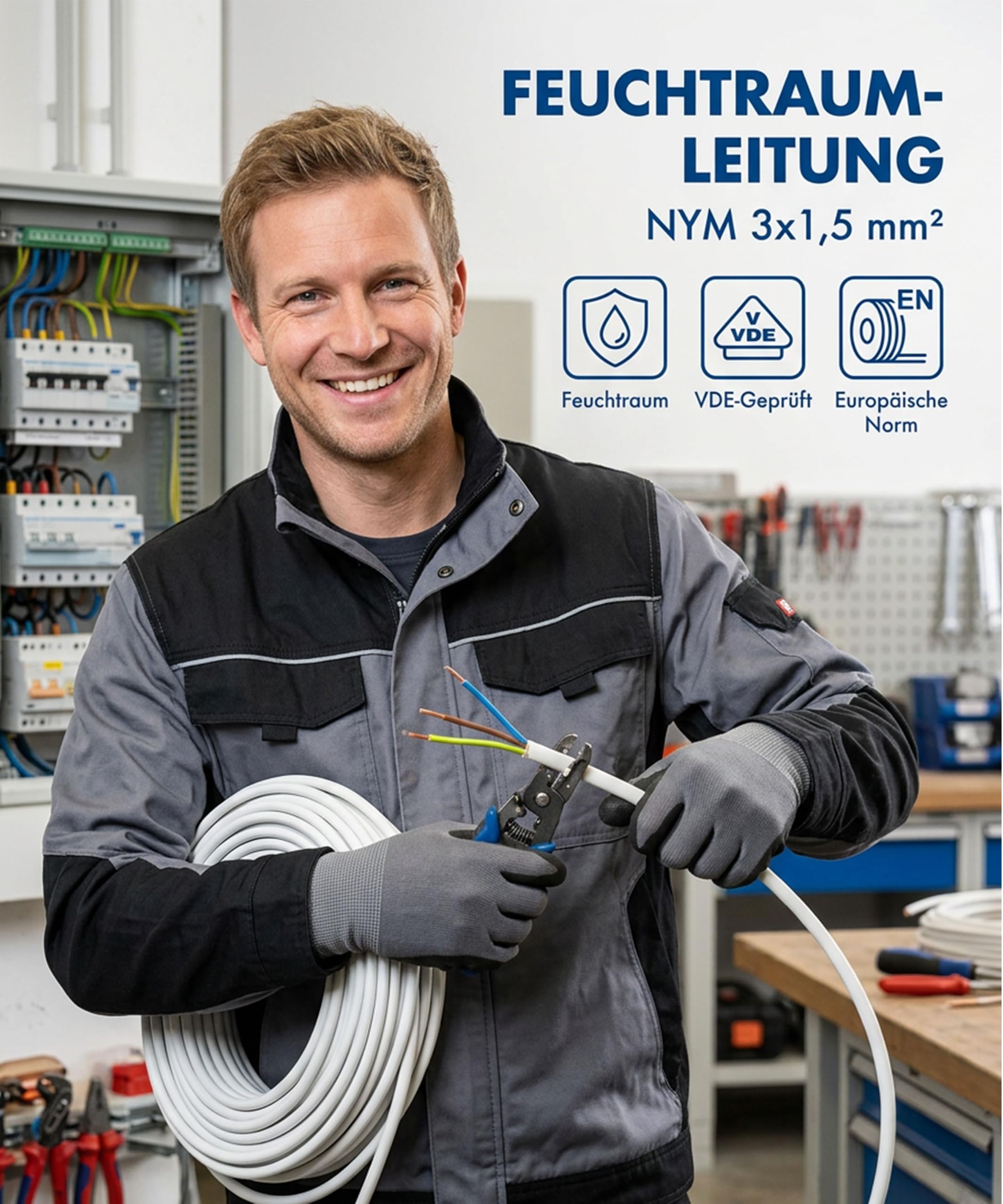 JÄGER 50 m NYM-J Mantelleitung, Installationskabel 3 x 1,5 mm², VDE zertifiziert, Kupferleitung für Unterputz und Aufputz, Feuchtraumleitung flammwidrig, Ringware für Elektroinstallation