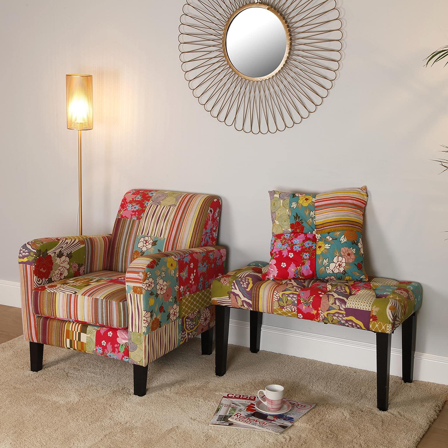 Versa Pink Patchwork Sessel für Wohnzimmer, Schlafzimmer oder Esszimmer, bequemer und Anderer Sessel, mit Armlehnen, Maßnahmen (H x L x B) 71 x 77 x 65 cm, Baumwolle und Holz, Farbe: Rosa