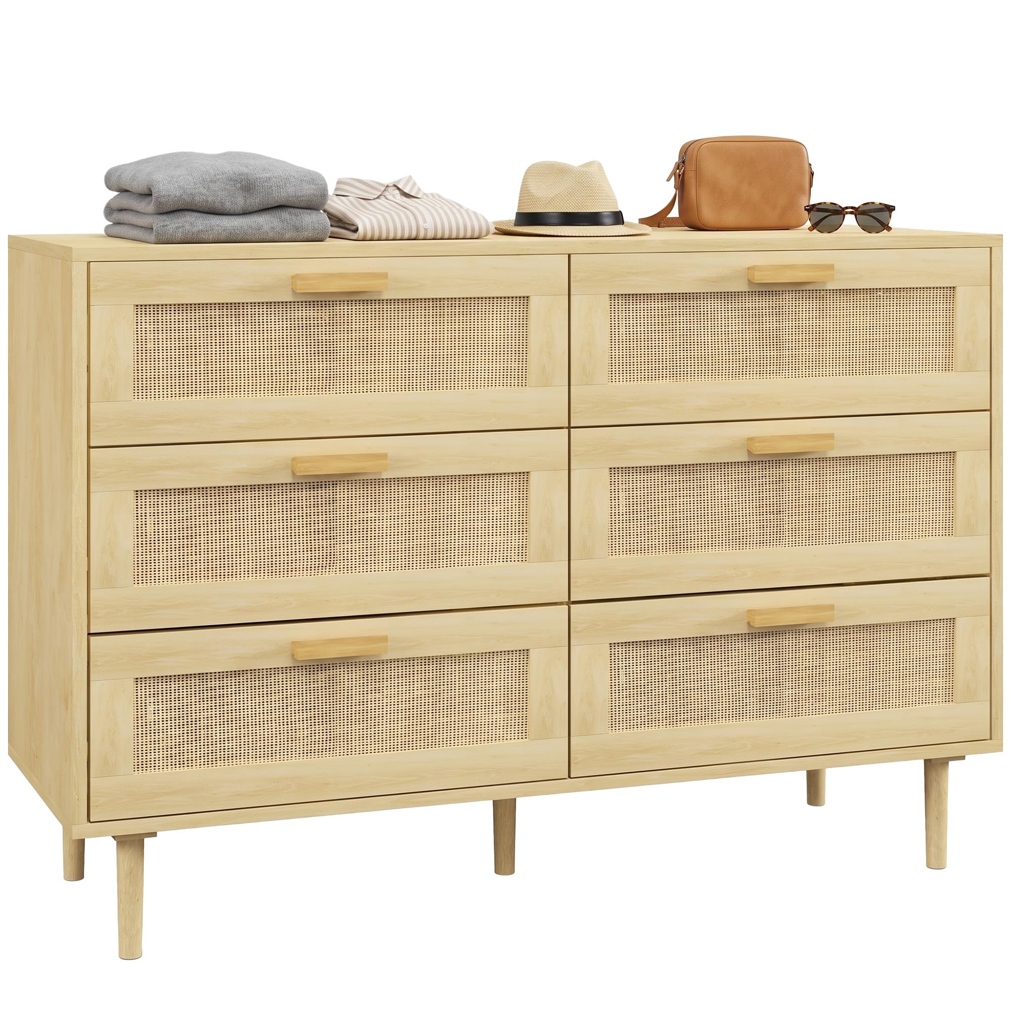 HOMCOM Cómoda 6 Cajones con Frontal de Ratán Dormitorio 110x40x75 cm Roble | Patas de Madera, Cajonera para Salón, Oficina, Estilo Bohemio