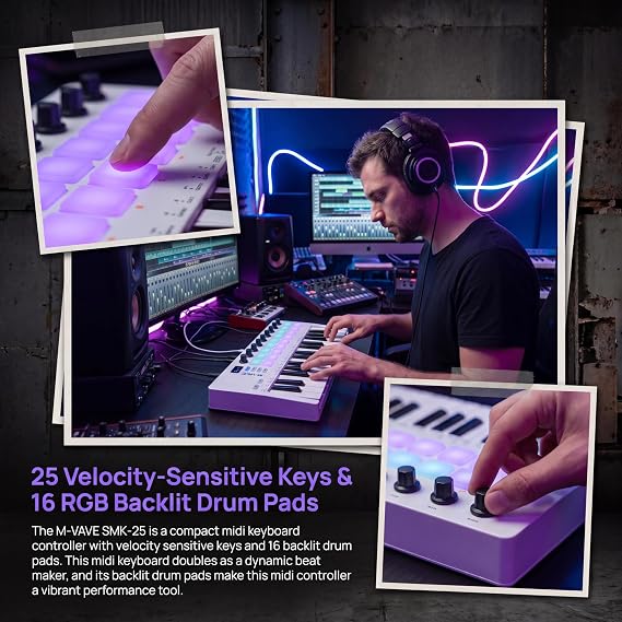 M-VAVE SMK-25 II MIDI Keyboard Controller with Backlit Drum Pads, Bluetooth Wireless Portable Rechargeable MIDI Controller, Beat Maker DAW Controller Wireless Bluetooth MIDI Keyboard (SMK-25 II White)