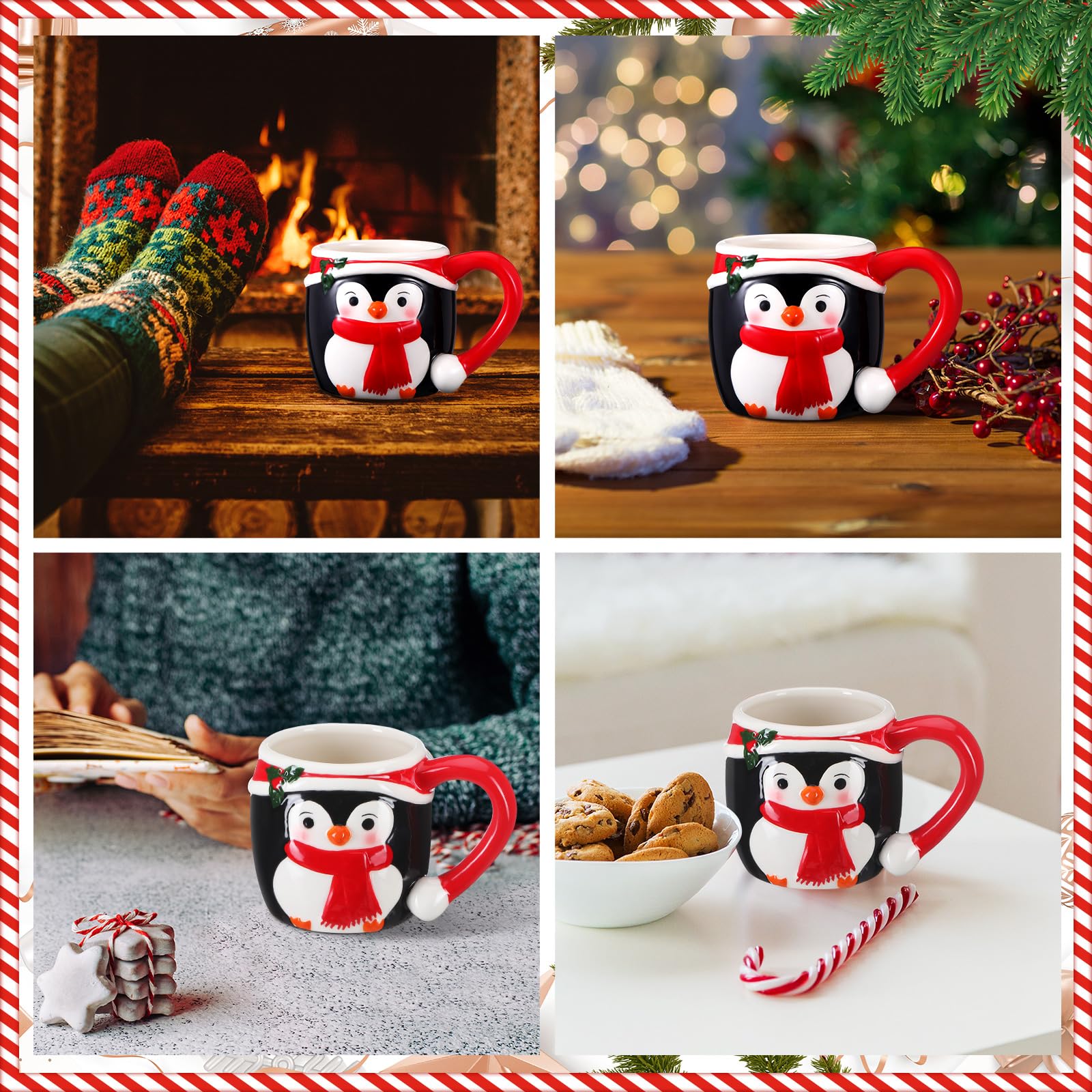 Weihnachtstassen-Set aus Keramik, Pinguin, 325 ml, rot, weiß und schwarz, Pinguin, Kaffeetasse für Weihnachten, Winterferien, Partyzubehör, 6-teilig