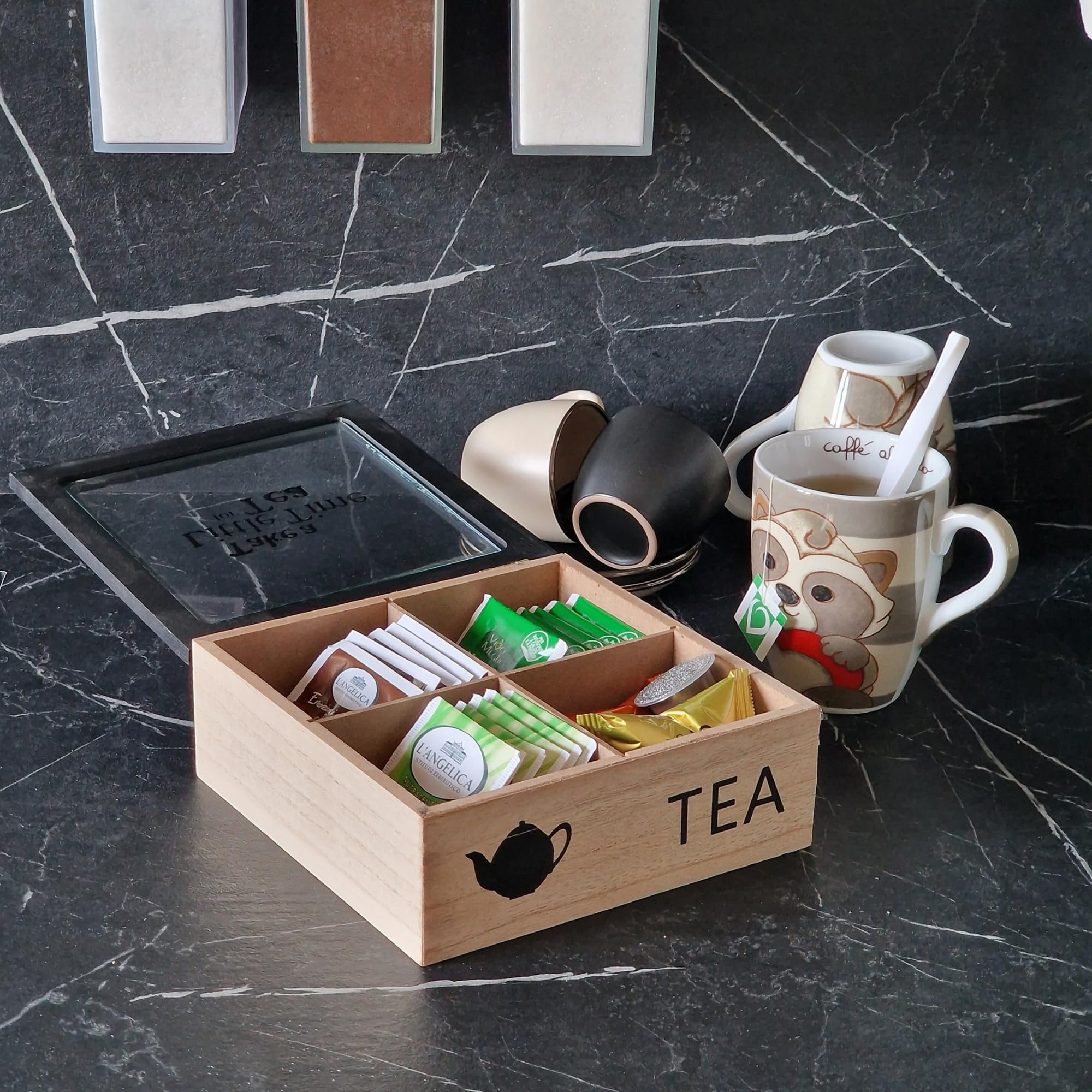 Scatola portaoggetti in legno, 23 x 23 x 9 cm, organizer per bustine di tè con