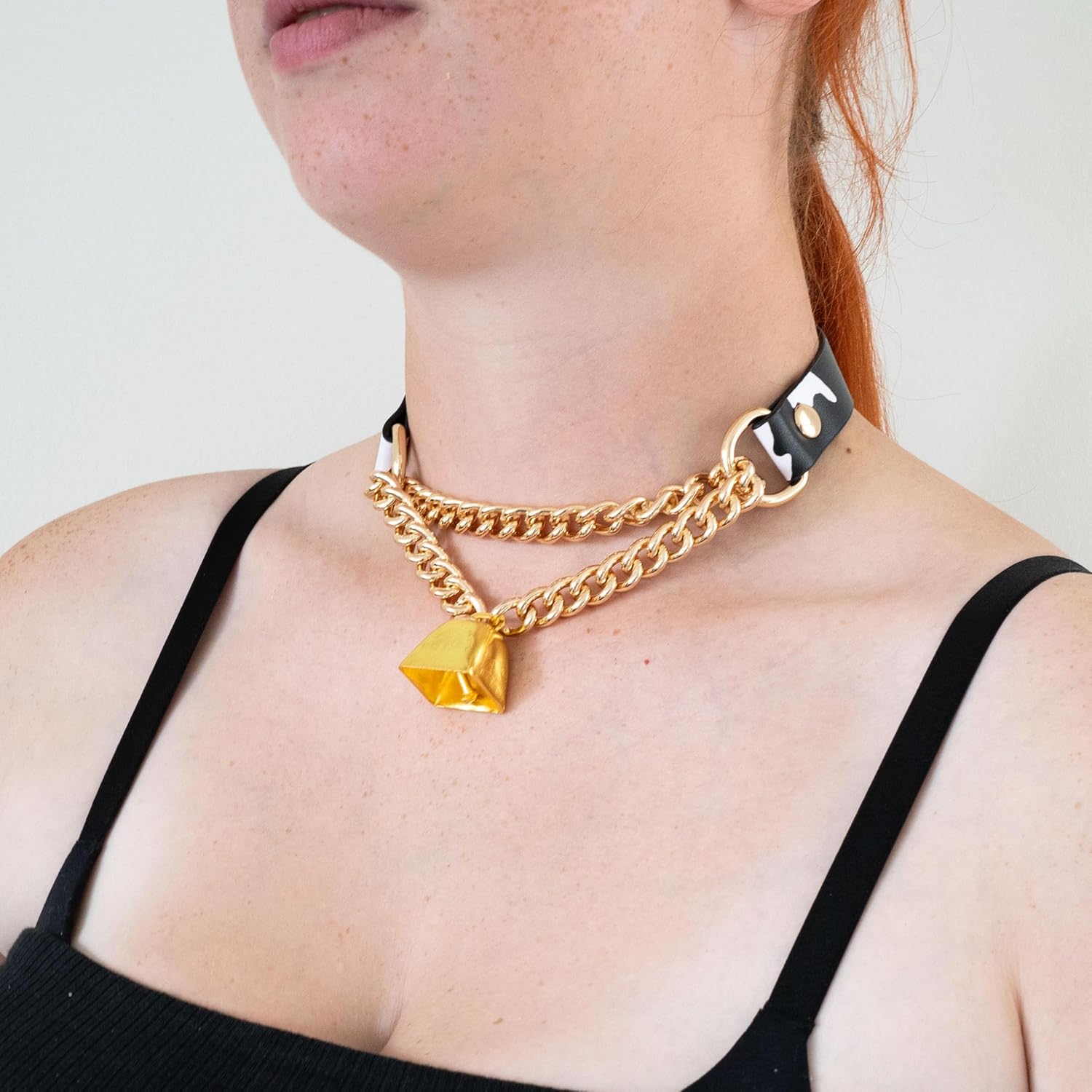 Handmade Cow Print Bell Collar Choker Necklace for Women, Adjustable Cow Print PU Leather Buckle Cuban Chain with Gold Bell Necklace, Gothic Cow Outfits Collar for Women - Image 3
