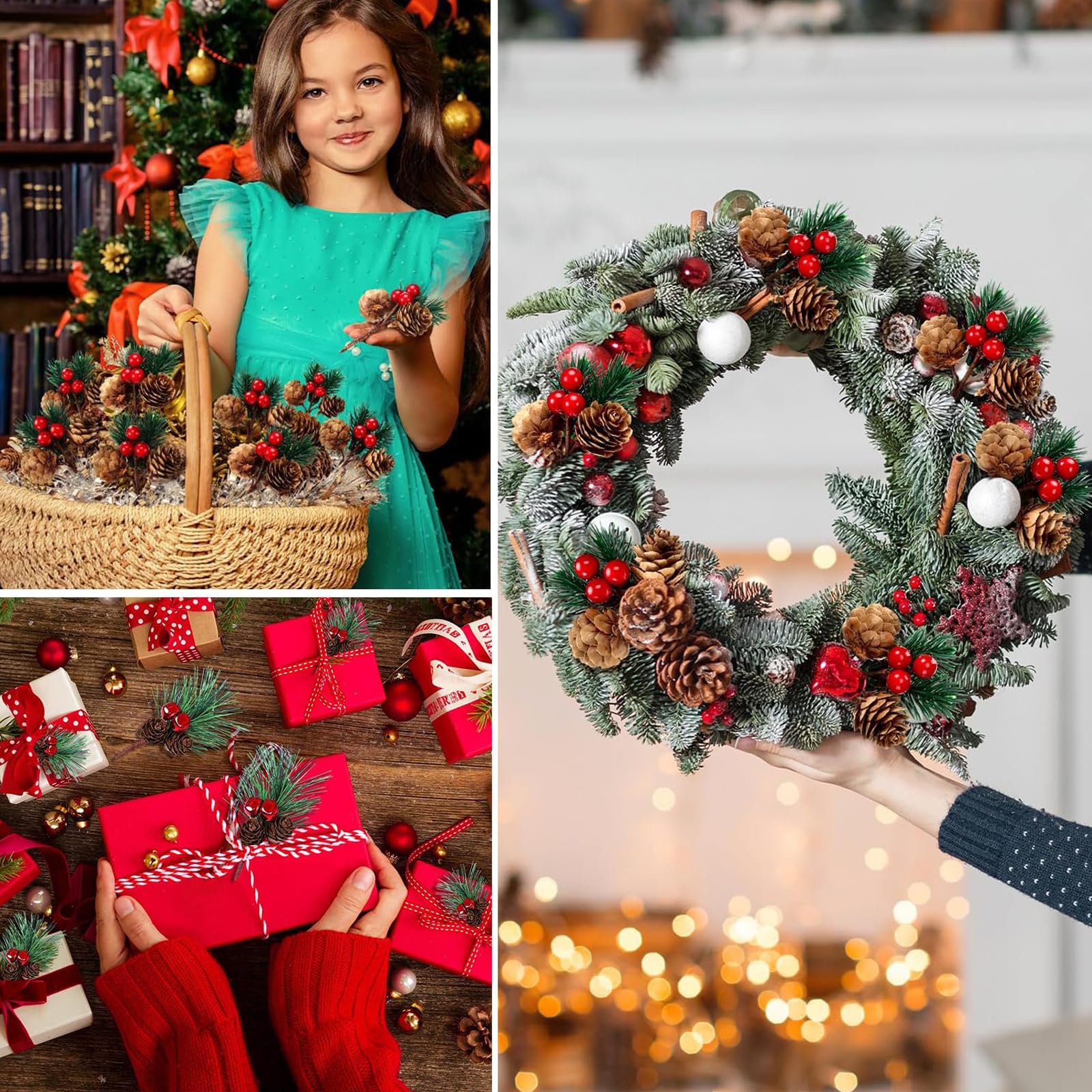 Lot De 45 Décorations De Noël Artificielles, Branches De Pin De Norfolk Et Tiges De Baies Rouges Pour Guirlande De Noël, Décoration De Table, Vase, Sapin De Noël