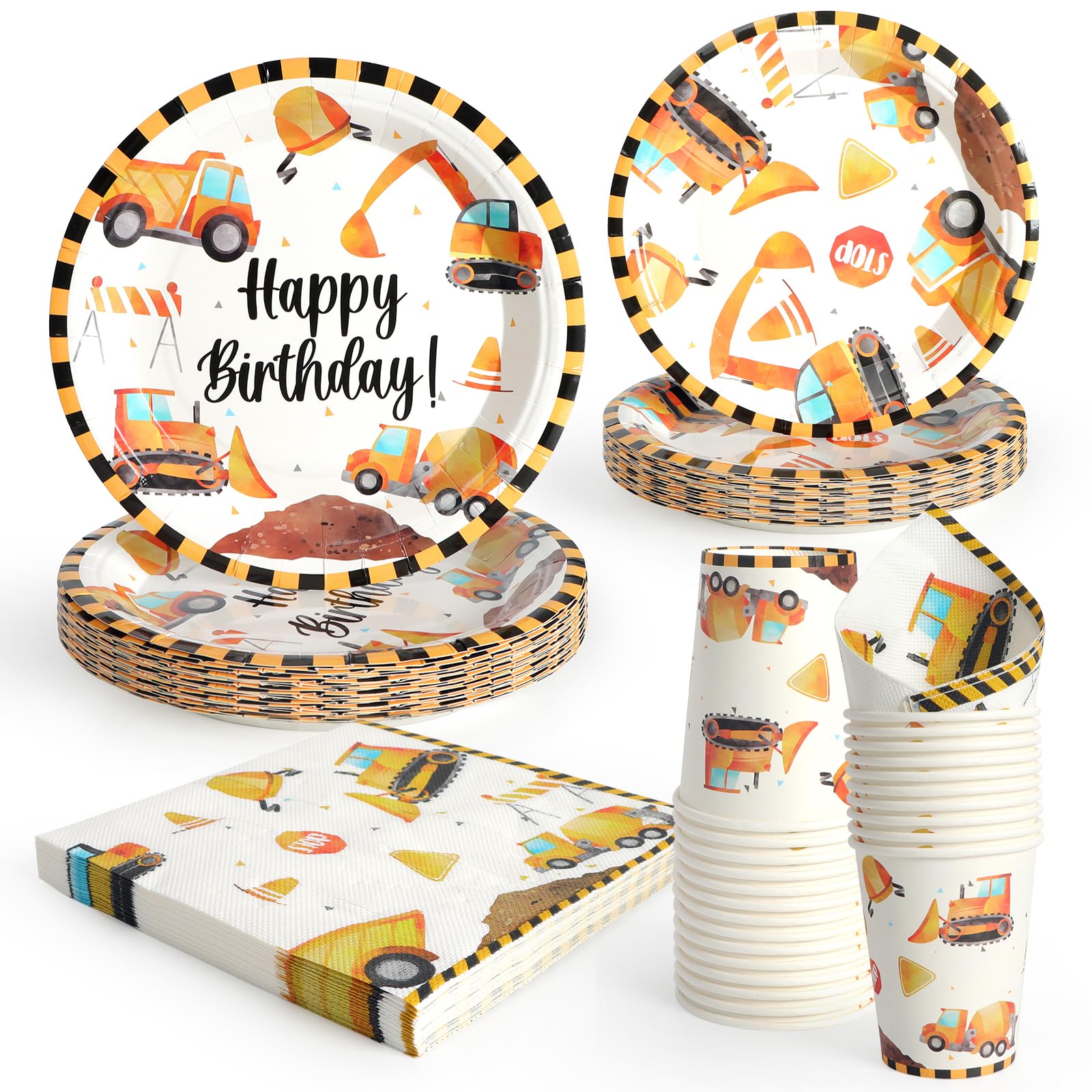 96 Pcs Construction Happy Birthday Tableware Set, Paper Plates Cups and Napkins, Disposable Dinnerware Party Supplies for Birthday Party Baby Shower Engagement Decorations Serve 24 Guests