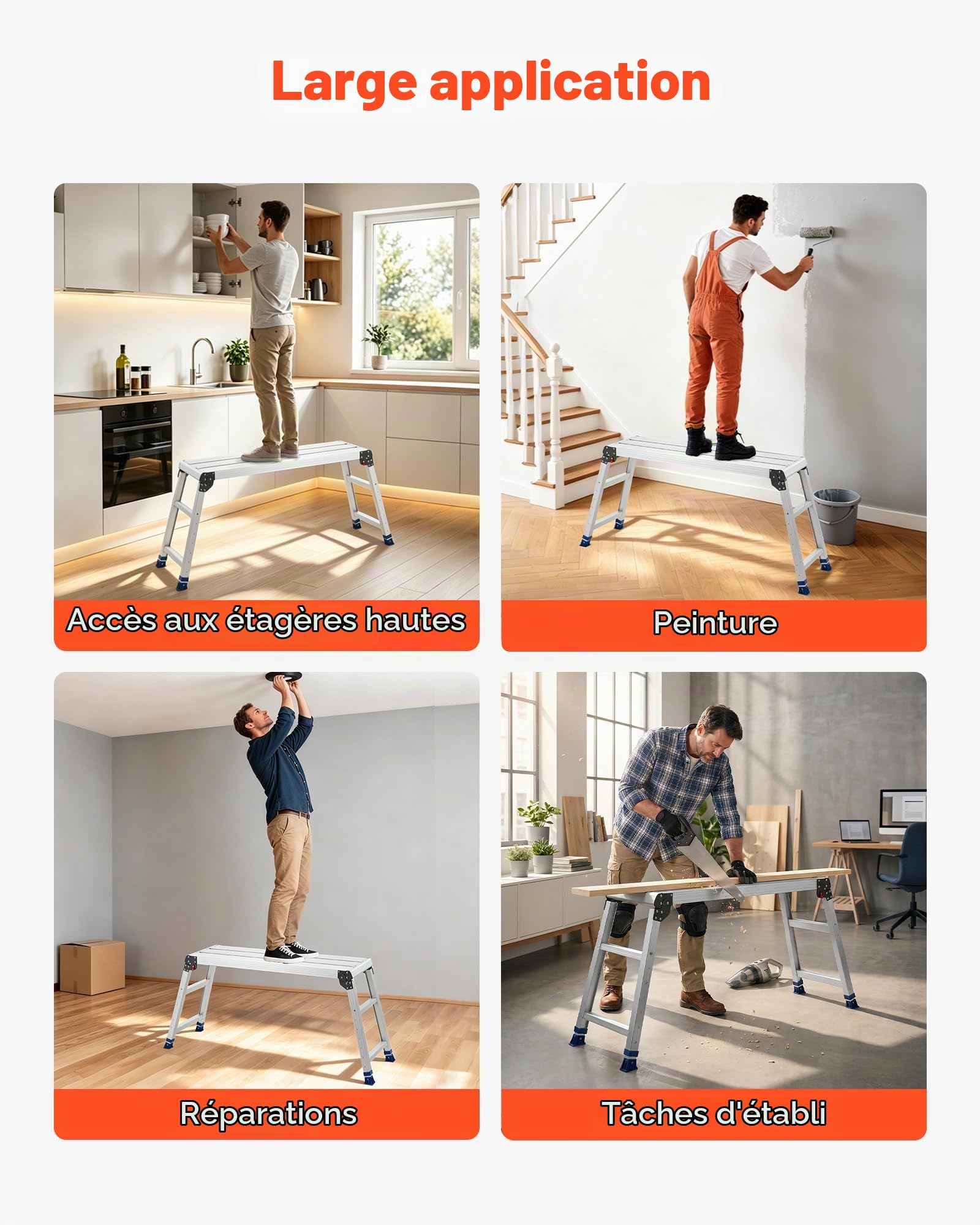 VEVOR Plateforme de Travail Pliable 1016x305 mm Hauteur Réglable 584-876 mm, Marchepied Alliage d'Aluminium, Charge Max. 226,8 kg, pour Peinture, Nettoyage, Maison, Usage Professionnel, Antidérapant