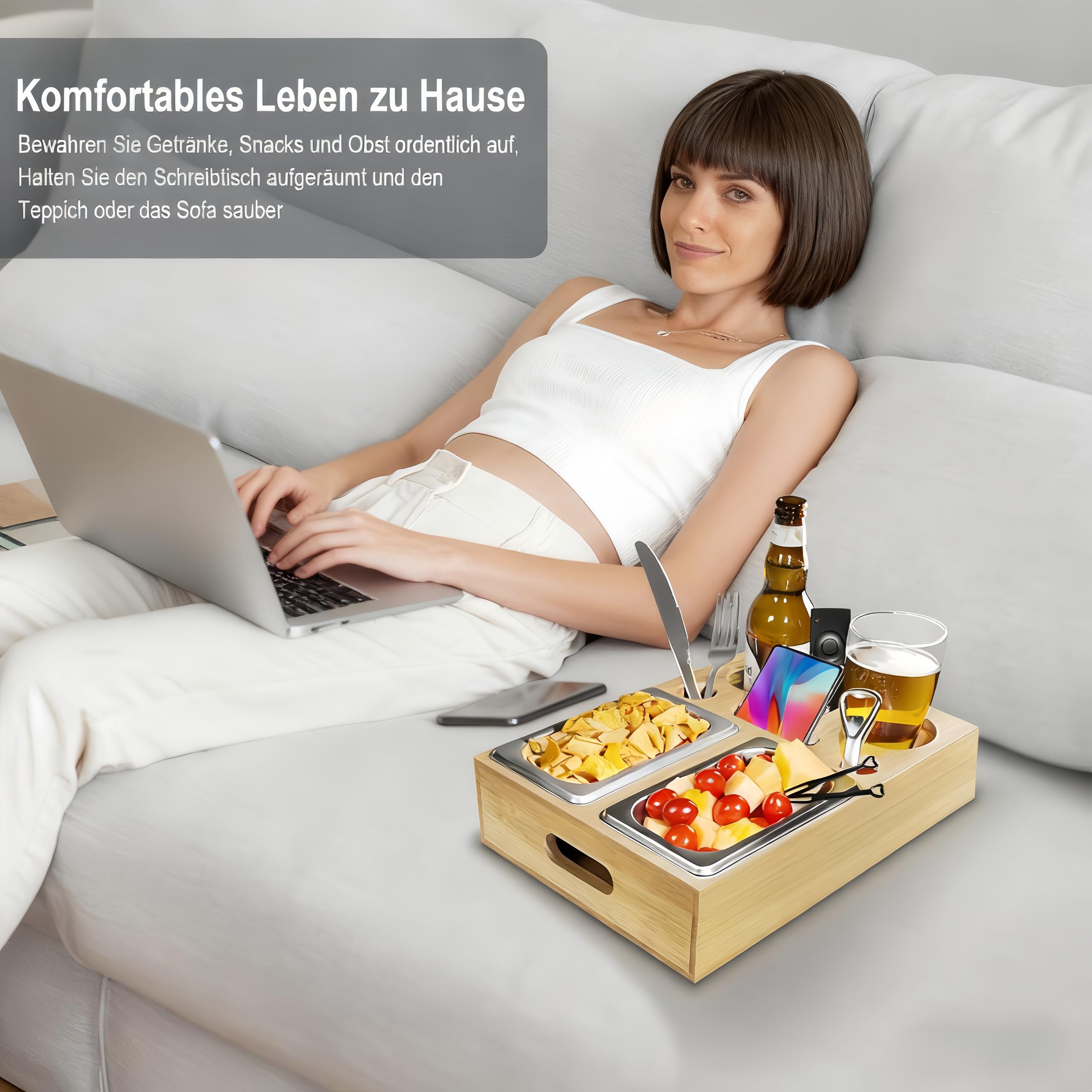 Couchbar Snackbox-Organizer Tablett- Snackspender mit 2X Snackschale -Deko,Couch Bar mit Getränkehalter-Spülmaschinenfest | Stabile Ablage,Smartphone&Fernbedienung -WohnmobilausstattunglGeschenkbox