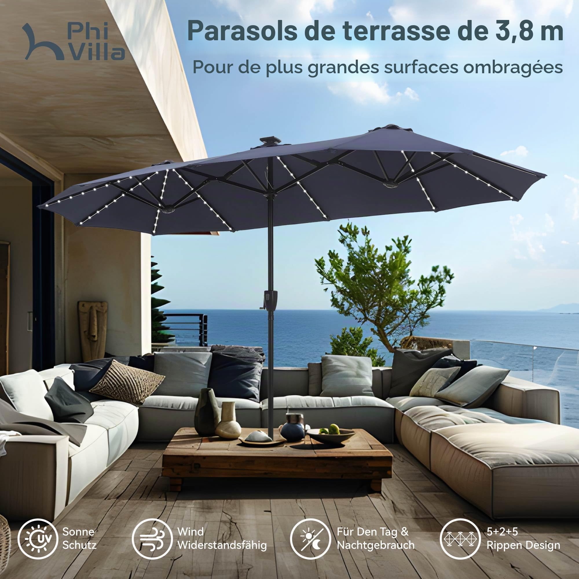 PHI VILLA Parasol de Jardin Extérieur,2x3,8m Parasol Double Face Rectangulaire avec LED Lampe et Manivelle,Protection Solaire pour Terrasse, Résistant à l'Eau,Anti au vent