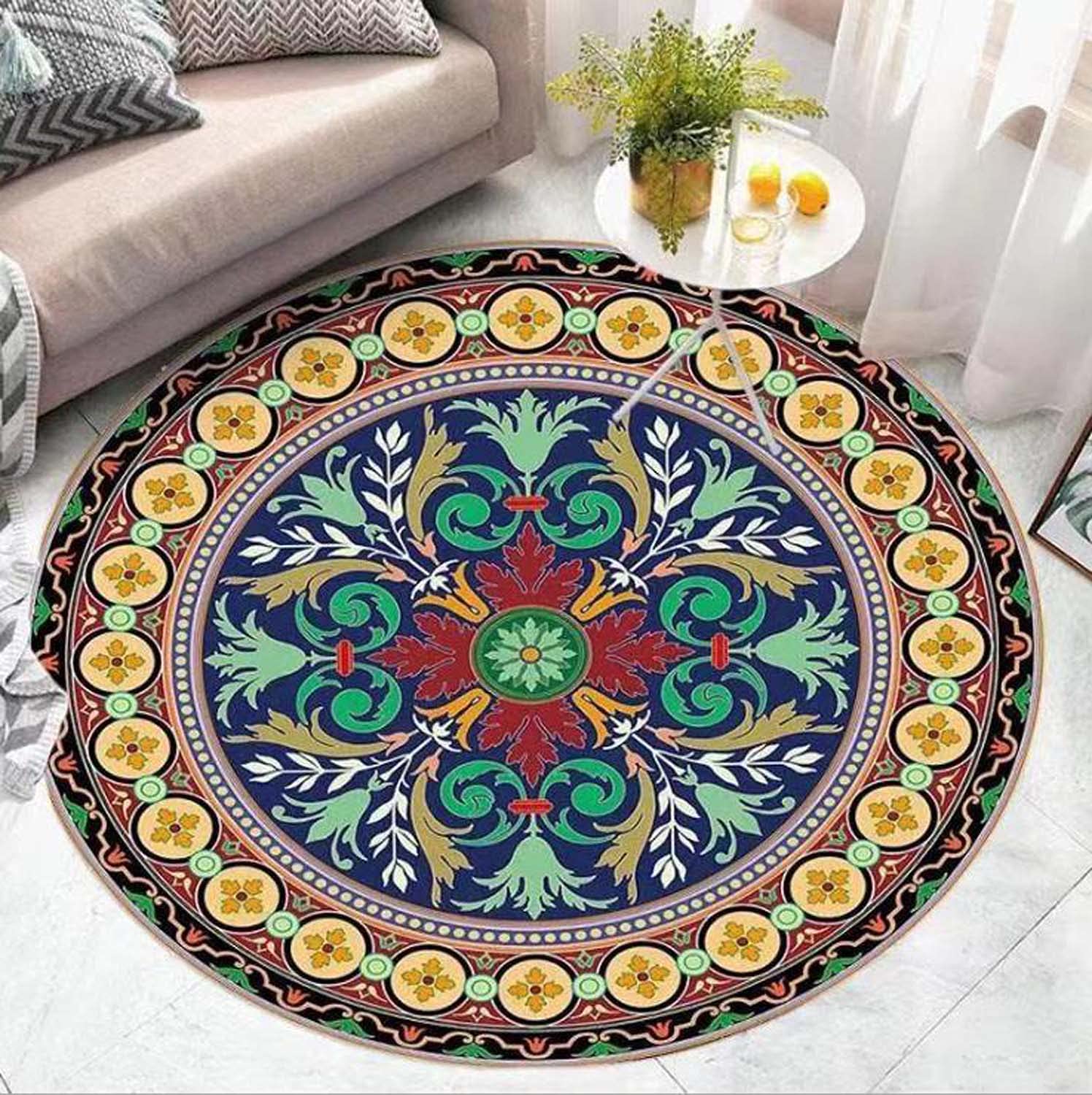 Dhao Cotton Tapis Rond Lavable en Machine Motif Mandala Européen pour Salon Chambre à Coucher Bureau Style Folk Épaississement Différentes Tailles Tapis Ø 180 cm