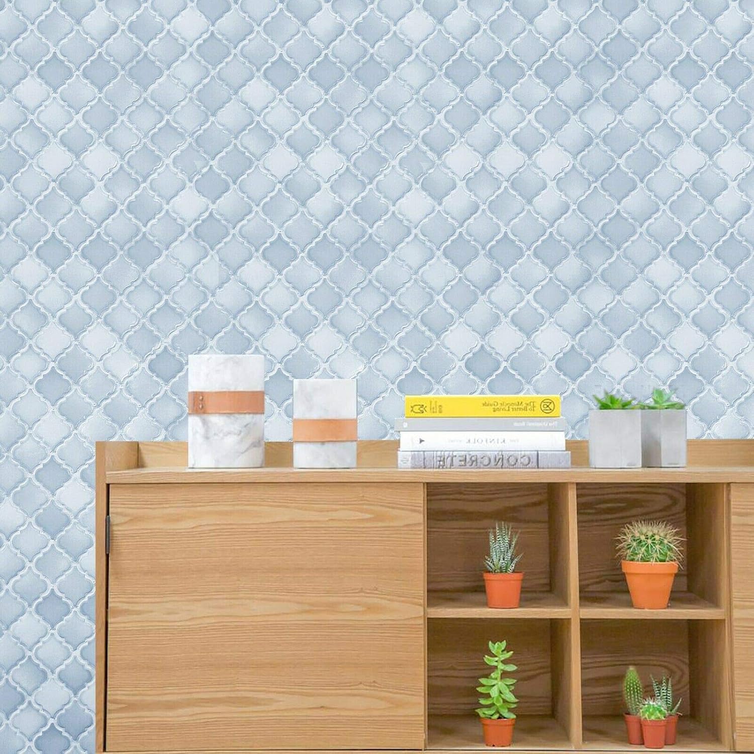 Wallcoveringsmart Luxury Unique Modern Baby Blue Moroccan Trellis Faux Tiles Wallpaper