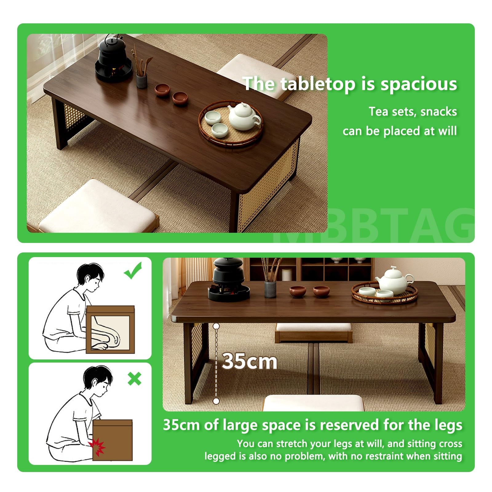 Plateau de lit portable pliable en bambou avec pieds en rotin, idéal pour canapé et lit, petit-déjeuner et tablettes, aucun assemblage nécessaire Marron café 60 x 40 x 30 cm