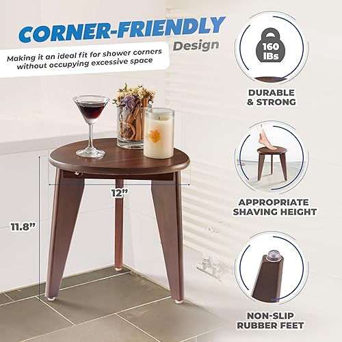 Miniatura 3 de BLUEWEST Taburete de ducha para afeitarse piernas, reposapiés de madera de acacia (nogal, asiento redondo)