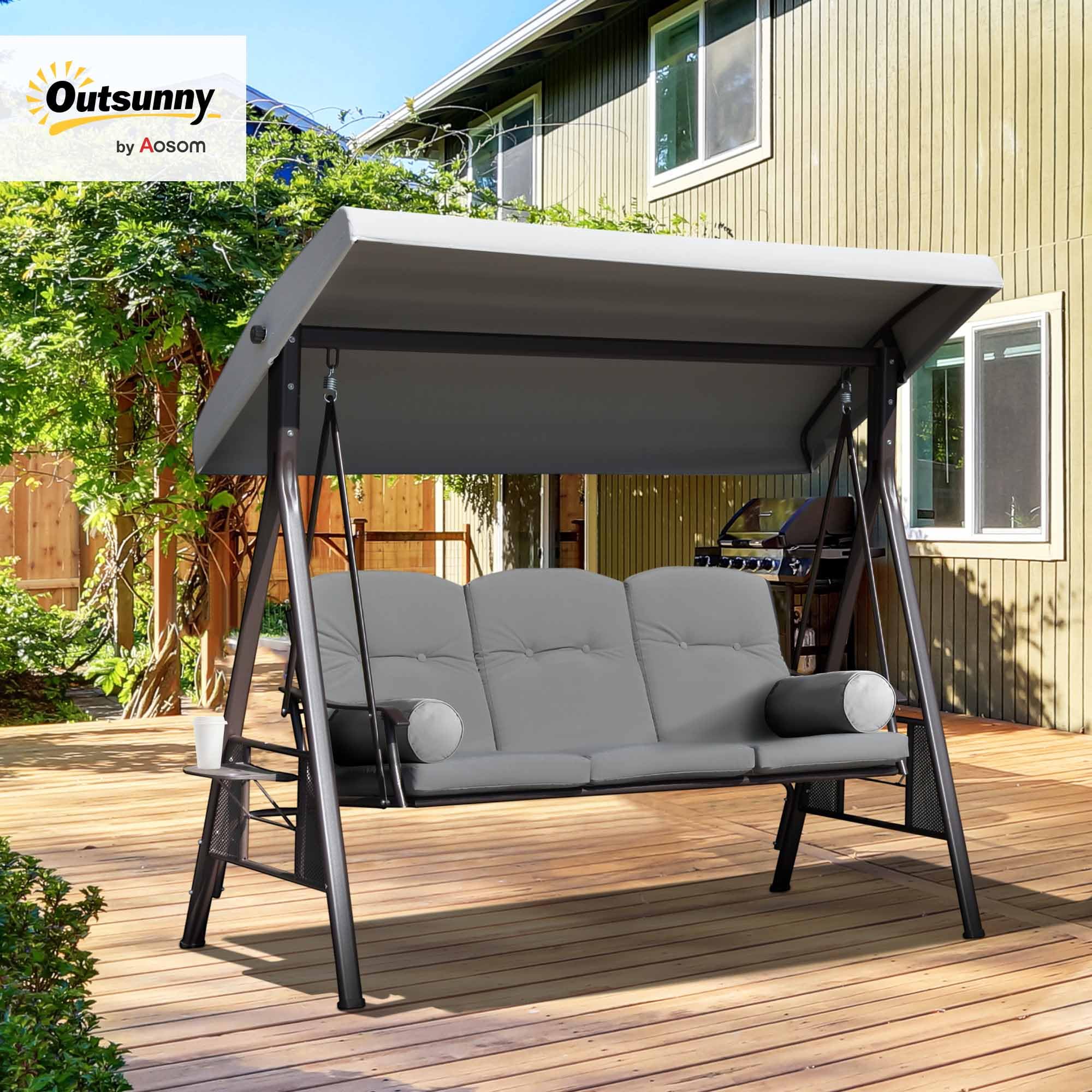 Outsunny Balancín de Jardín Exterior de 3 Plazas 206x116x183 cm Gris | Columpio de Jardín Exterior, Toldo Ajustable, Bandejas Laterales, 2 Almohadas, Marco de Metal, Carga 360 kg