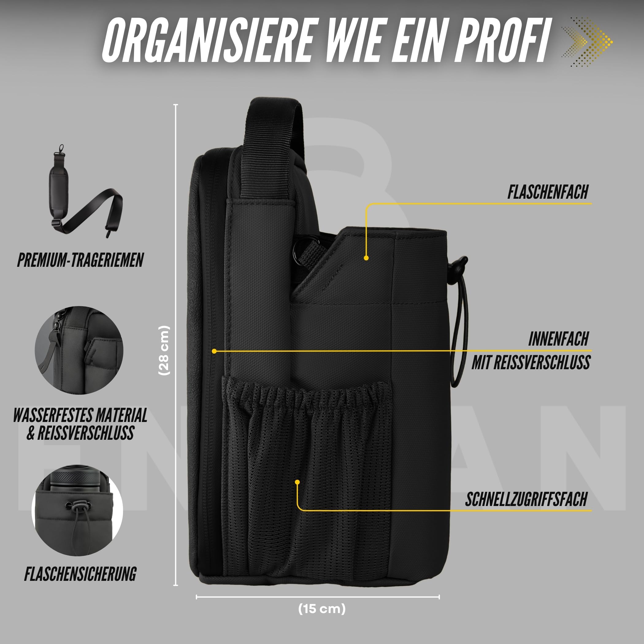Magnetische Sporttasche mit Flaschenhalter, passt für 1,5 L Trinkflaschen, Handyfach, Schlüsselkarabiner, Schultergurt – für Männer & Frauen, Gym, Fitness & Alltag, wasserabweisend, Schwarz
