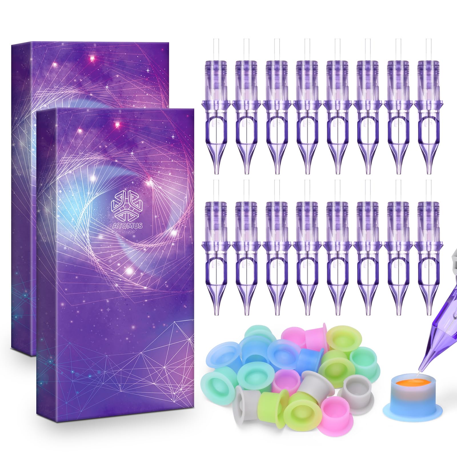 ATOMUS 20pcs Purple Tattoo Cartridge Needles 1001RL Tattoo Needles for Tattoo Gun Pen Liner Pattern Permanent Eyebrow with Disposable 20pcs Silicone Ink Cups for Pen Rotary Machine Tattoo Supplies