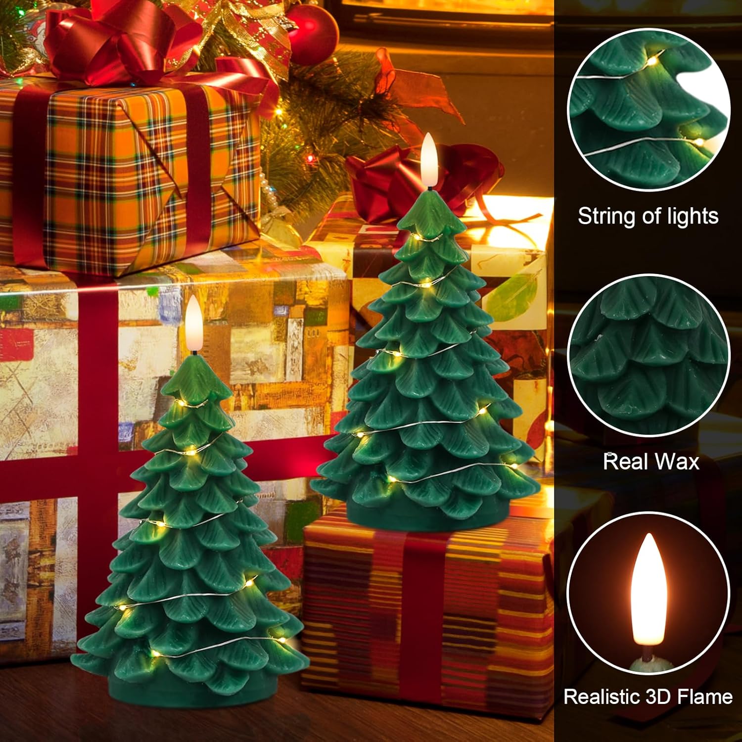 Christmas Tree Candles, 2 Pack Christmas Taper Candles with Remote Timer, Real Wax LED Flameless Taper Candlesticks Battery Operated with String Light for Christmas Decorations