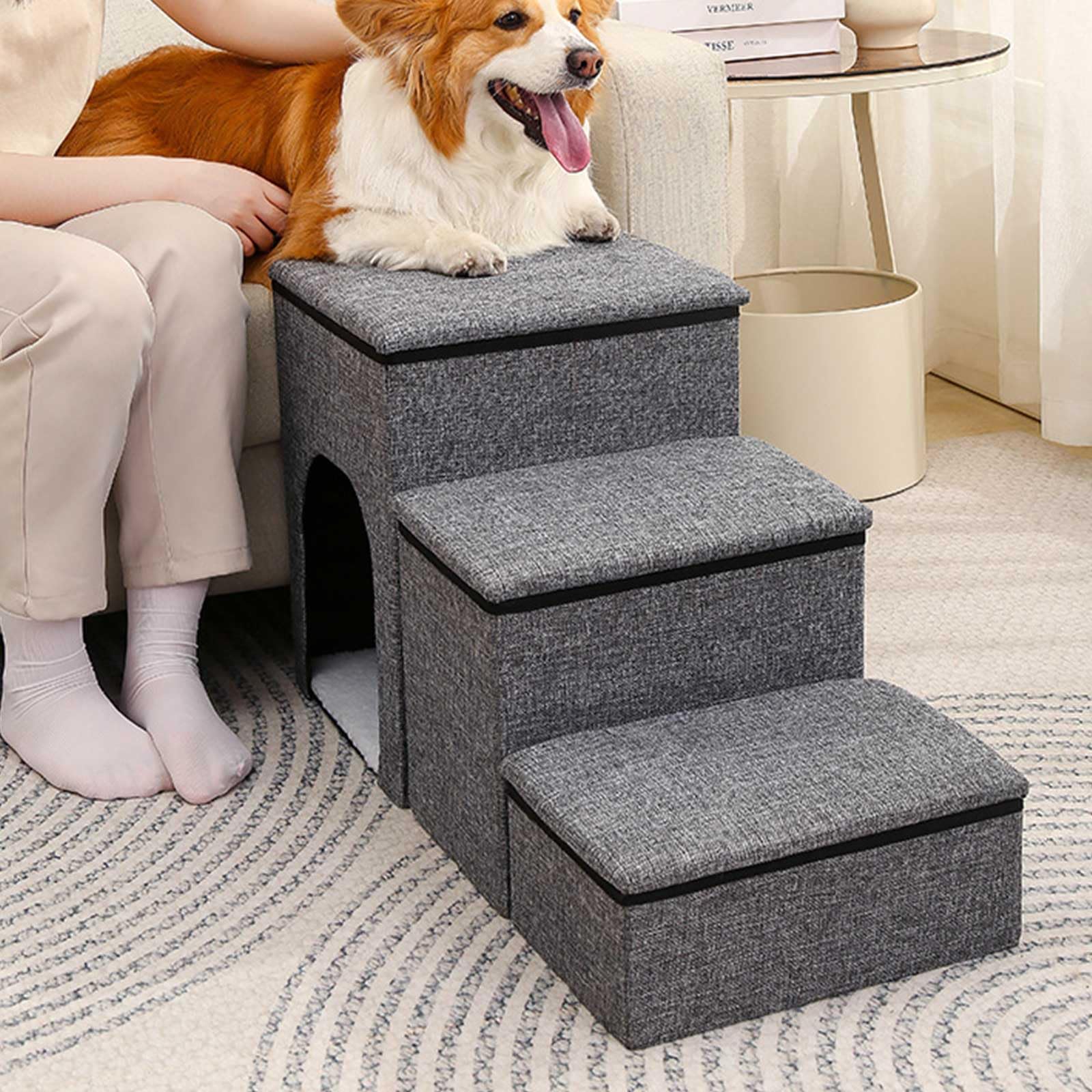 3-Step Pet Stairs Dog Steps with Storage and Cozy Condo for High Bed, Couch