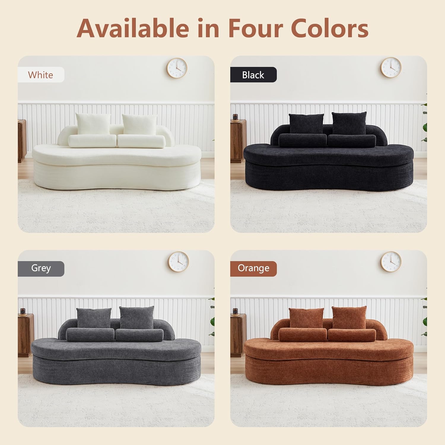 AVZEAR 78" Curved Loveseat Sofa, Chenille Upholstered 2 Seater Couch for Living Room, No Assembly Modern Love Seat Cloud Sofa with 2 Bolster Pillows & 2 Square Pillows, High-Density Foam, White