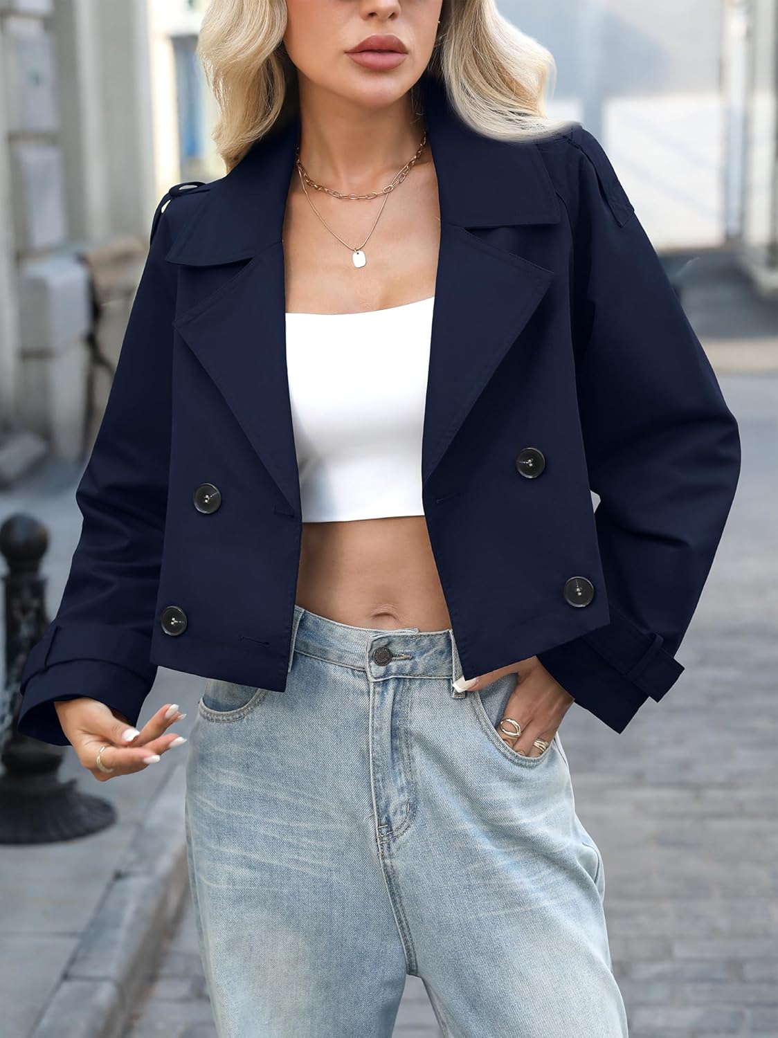 ELLEVEN Womens Cropped Trench Coat, Casual Double Breasted Short Jackets Long Sleeve Loose Fit Fall Coats Fashion Outwear - Image 3