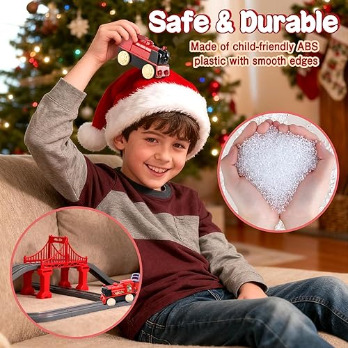 Miniatura 6 de CORPER TOYS Juego de 49 piezas de tren eléctrico de Navidad para niños con pistas de bricolaje, puente, auto de muñeco de nieve y árboles de Navidad