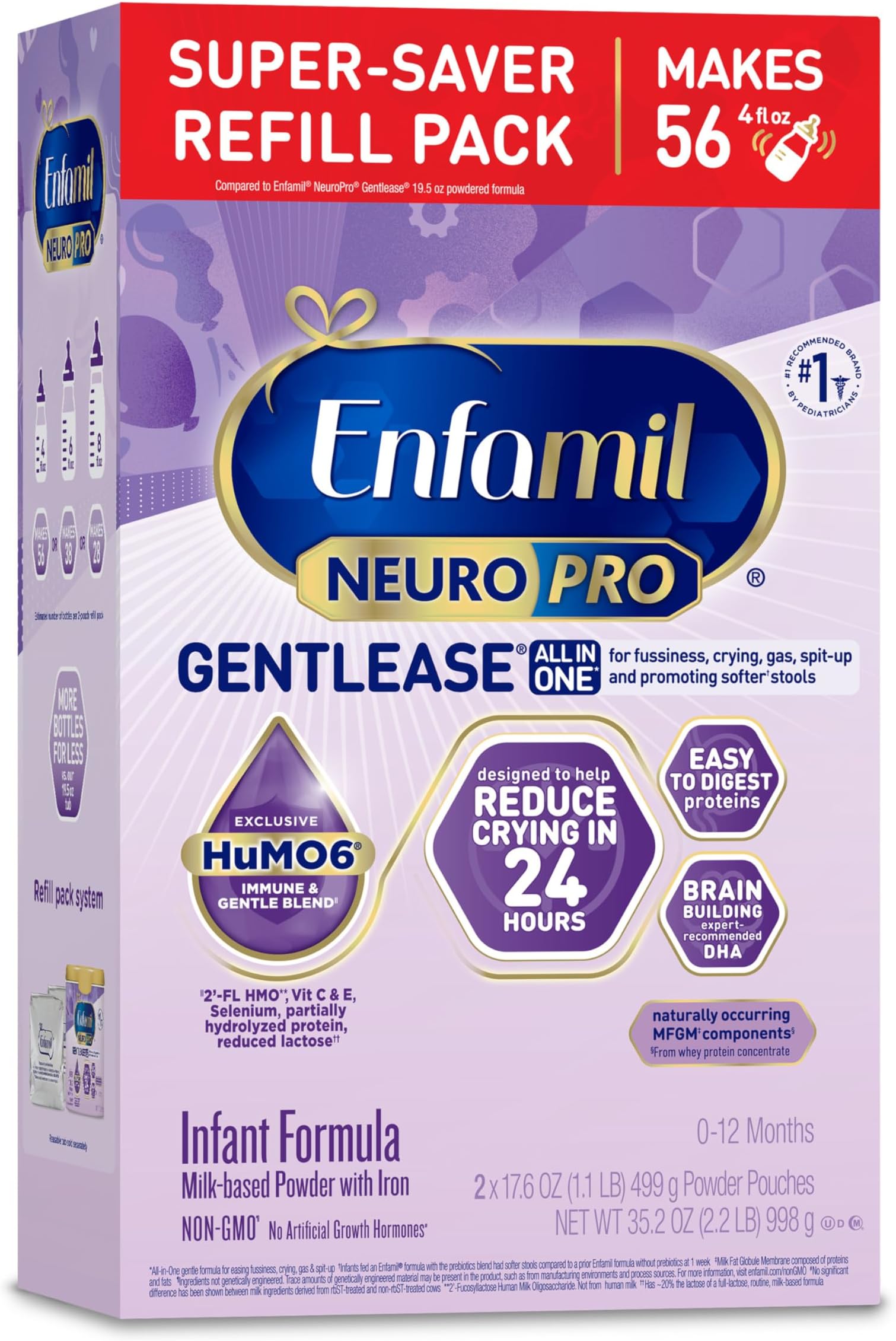 Enfamil NeuroPro Gentlease for easing Fussiness, Crying, Gas, Spit-up in 24 Hrs, Smaller Proteins for Easy Digestion, Brain Supporting DHA, Prebiotic Blend, HuMO6*, Baby Formula, Powder Refill Box, 35.2 Oz
