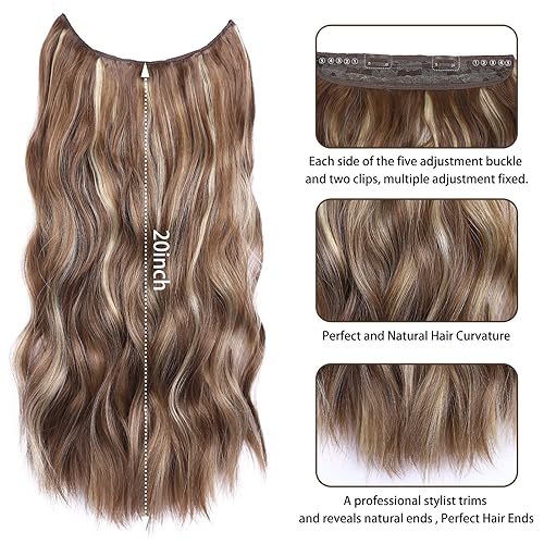 Miniatura 3 de Extensiones de cabello castaño oscuro, cabello ondulado con alambre invisible con diadema transparente de tamaño ajustable, 2 clips de seguridad,