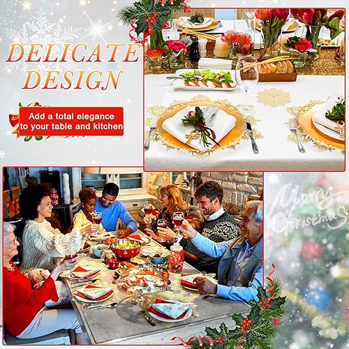 Miniatura 4 de Juego de 24 manteles individuales de vinilo prensado con copos de nieve, incluye manteles individuales de vinilo metálico, posavasos de Navidad,