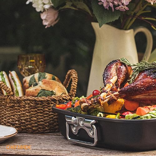 Miniatura 3 de CHEFMADE Juego de sartenes para asar, 17 pulgadas, antiadherente, para lasaña de pavo, con estante en V, rectangular, para horno, barbacoa, hornear