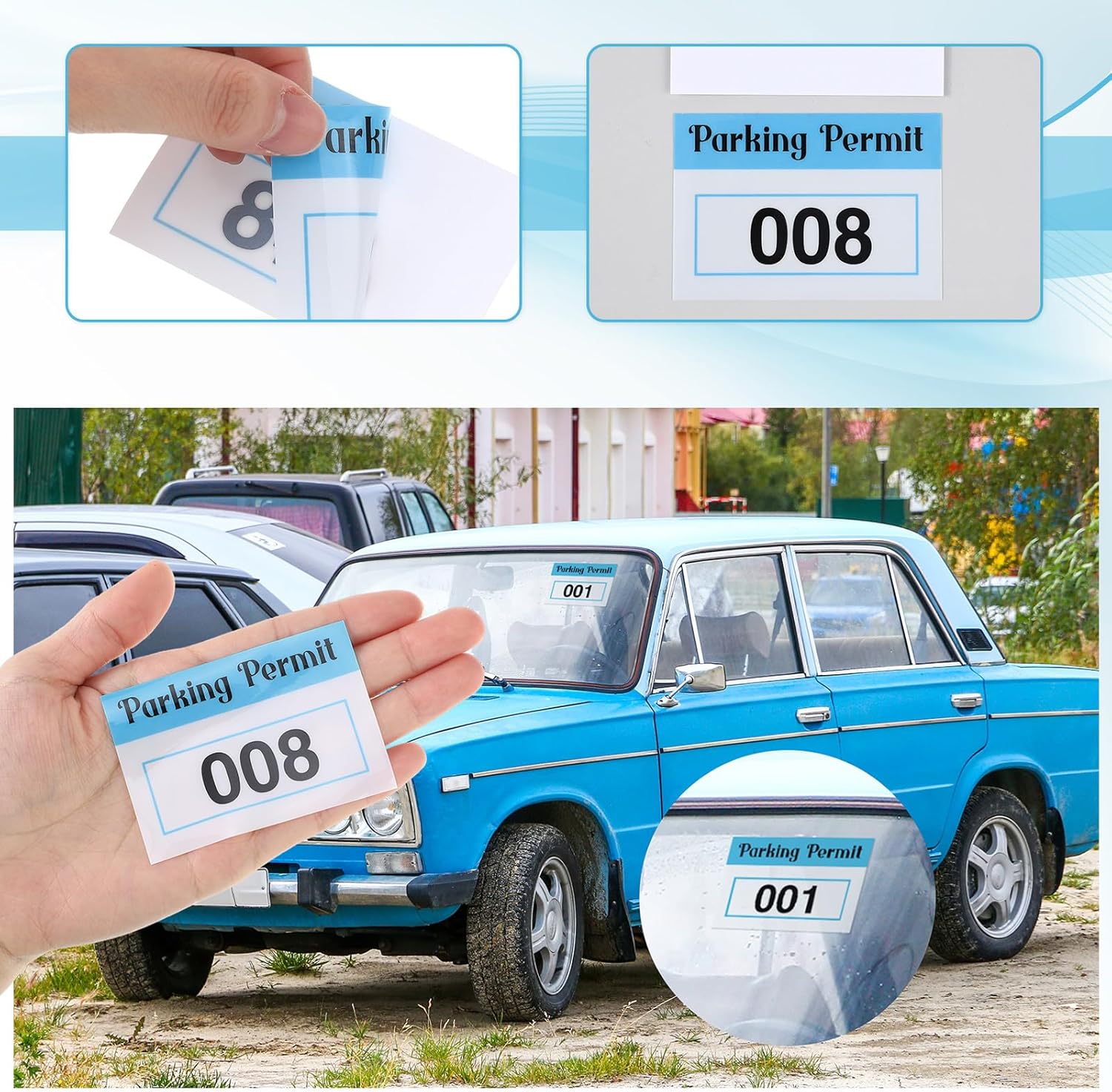 Clabby 300 Pcs 2x3 Inch Parking Permit Stickers Static Window Stickers with Front Adhesive, Car Windshield Decals Numbered (Numbered 001-300,Blue)