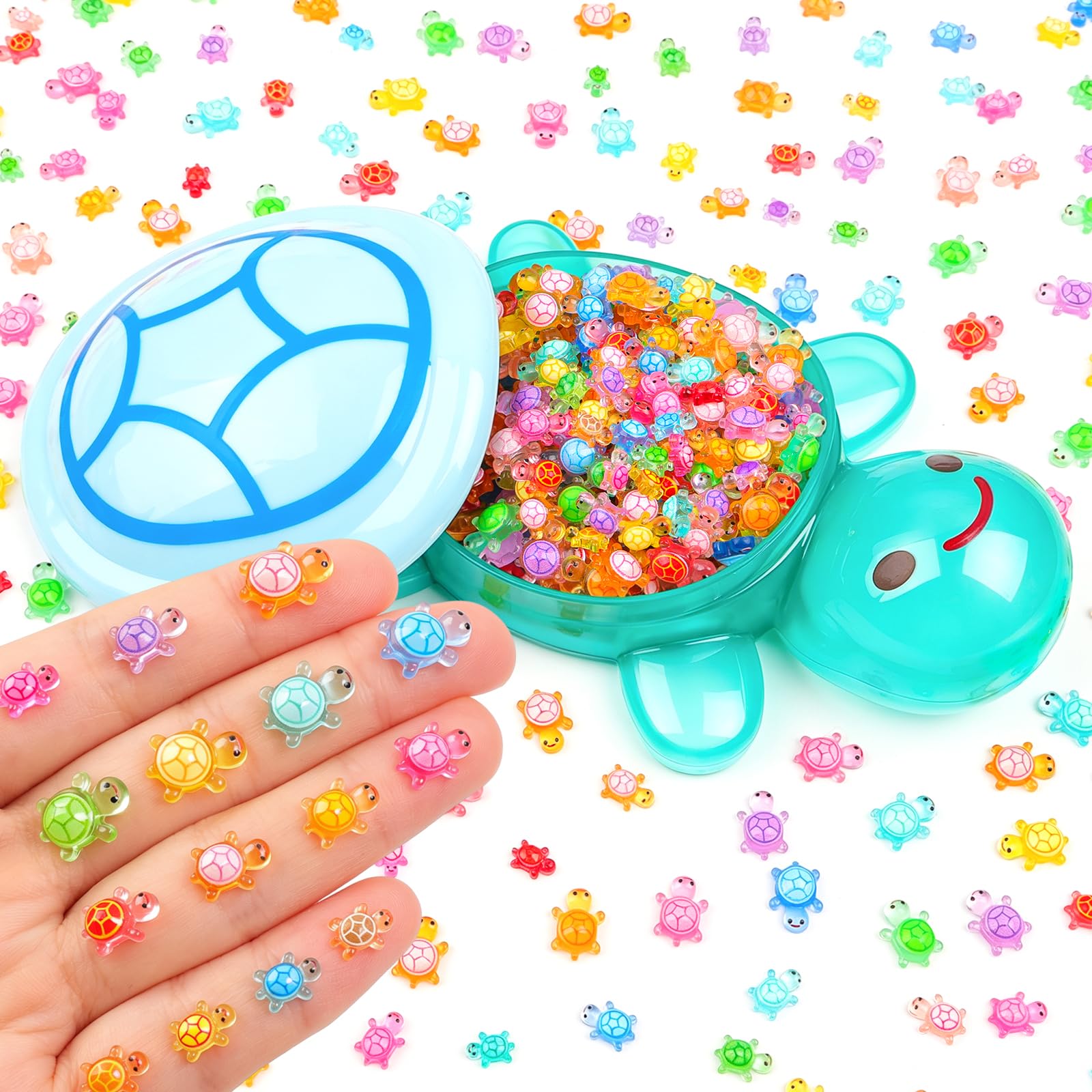 XISHAN 400PCS Luminous Tiny Turtles with 1 Pc Jumbo Resin Turtle(Blue) for Crafts Dollhouse Miniatures Mini Animals Plastic Turtle Bulk for Fairy Garden Aquarium Micro Landscaping Decoration(3 sizes)