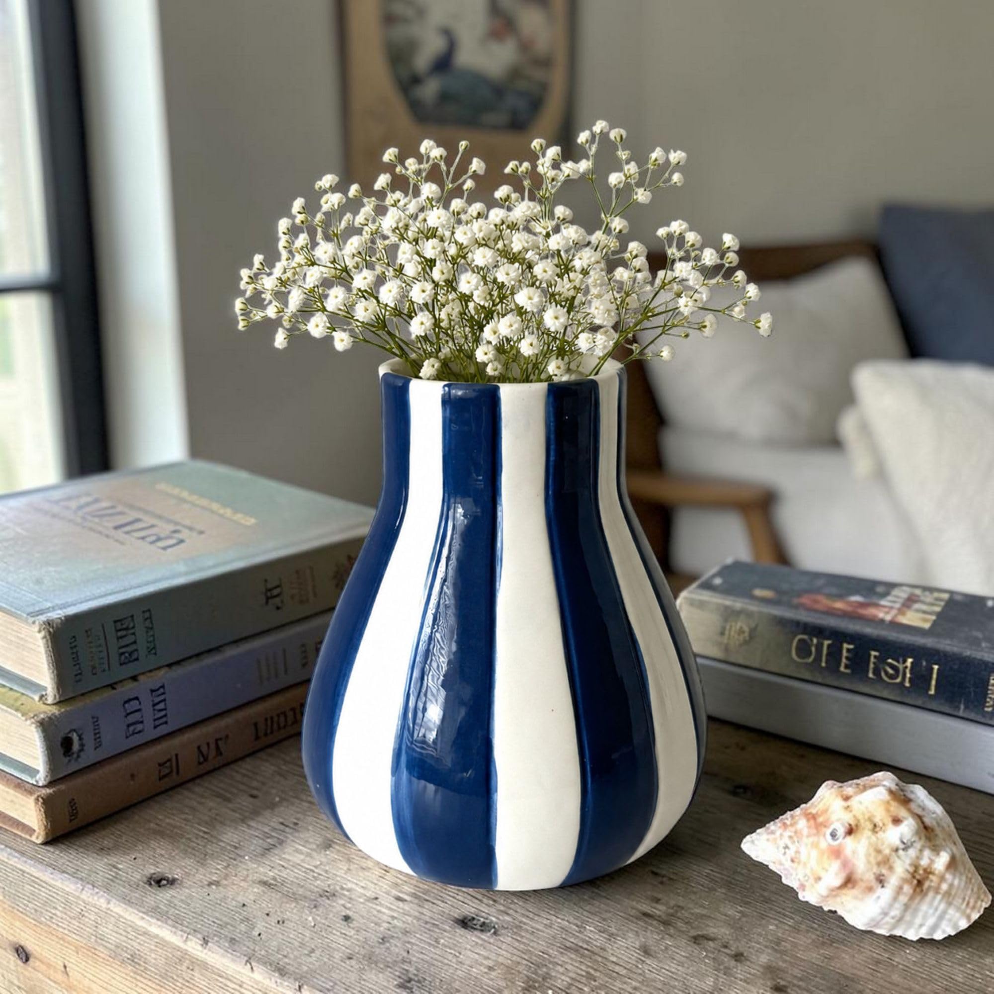 Blue and White Striped Ceramic Bud Vase, 14cm, Glossy Finish, Nautical Style, Home Décor