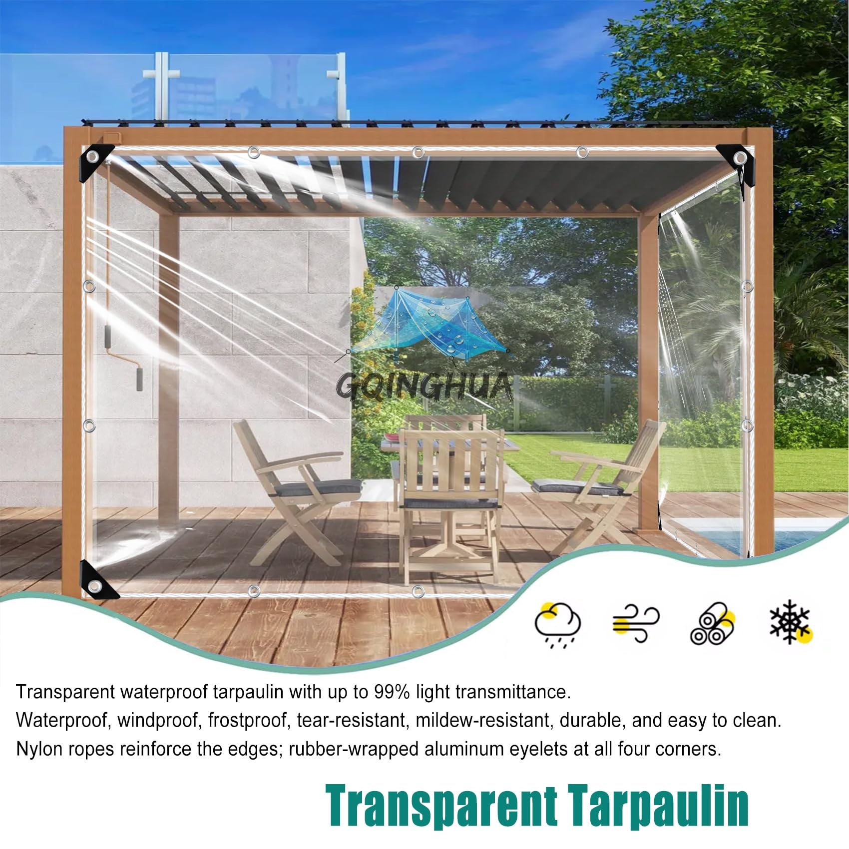 Plandeka Wytrzymała, Wodoodporna 190 x 775 cm, Wodoodporna, Przezroczysta, Odporna Na Promieniowanie UV Rozdarcia, Przezroczysta Plandeka Wytrzymała Z Oczkami Do Ogrodu Mebli, A