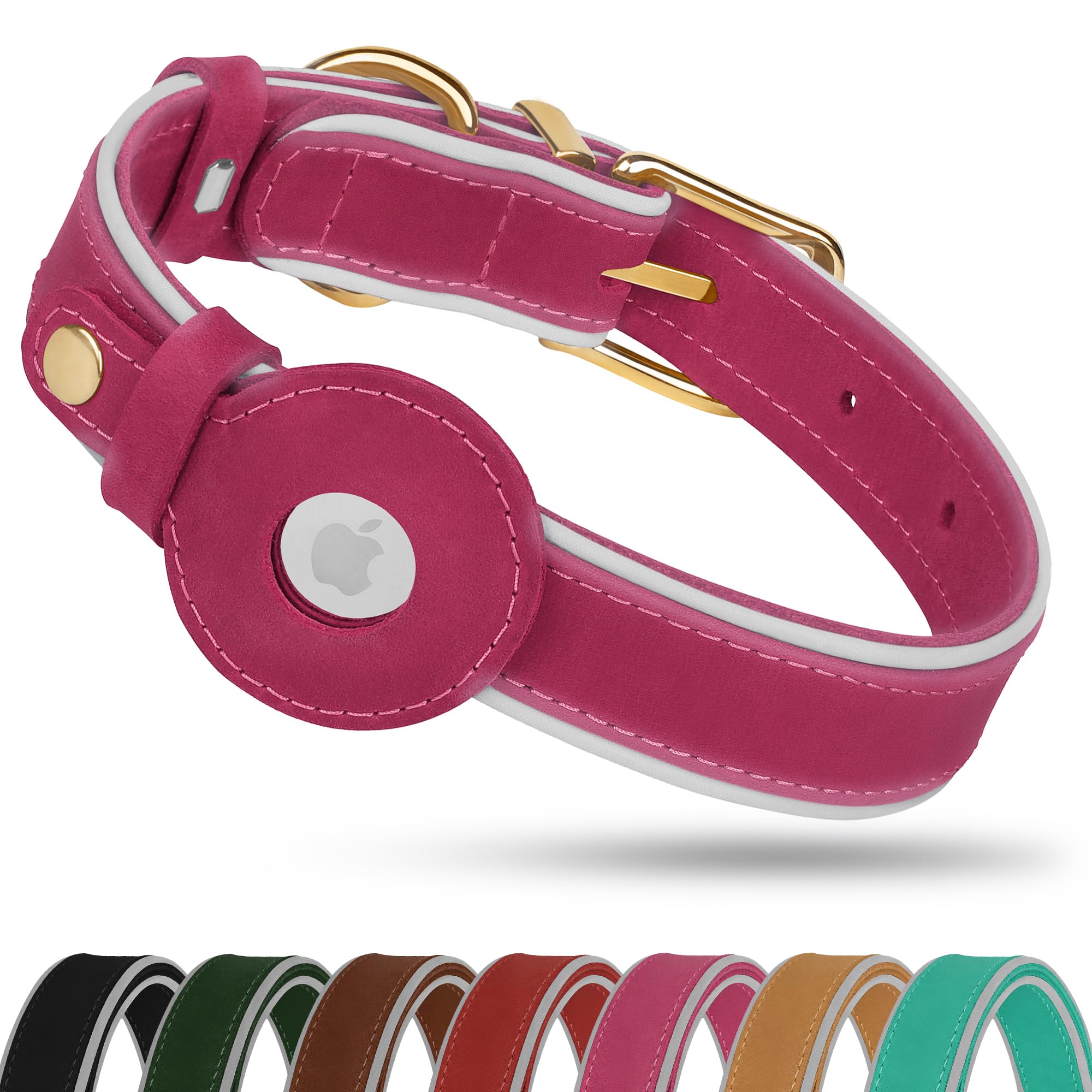 OOPSDOGGY Reflective Geniune Leather Airtag Dog Collar Soft Padded Collars for Small Medium Large Breed Dogs Puppy, 4 Sizes, 7 Colors (Pink, Large, 15
